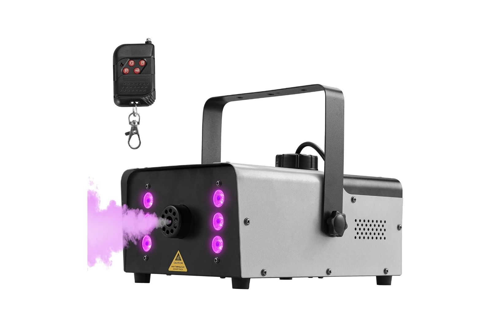 A silver and black fog machine with fog coming out of it, six LED lights at the front, and a remote control floating above it.