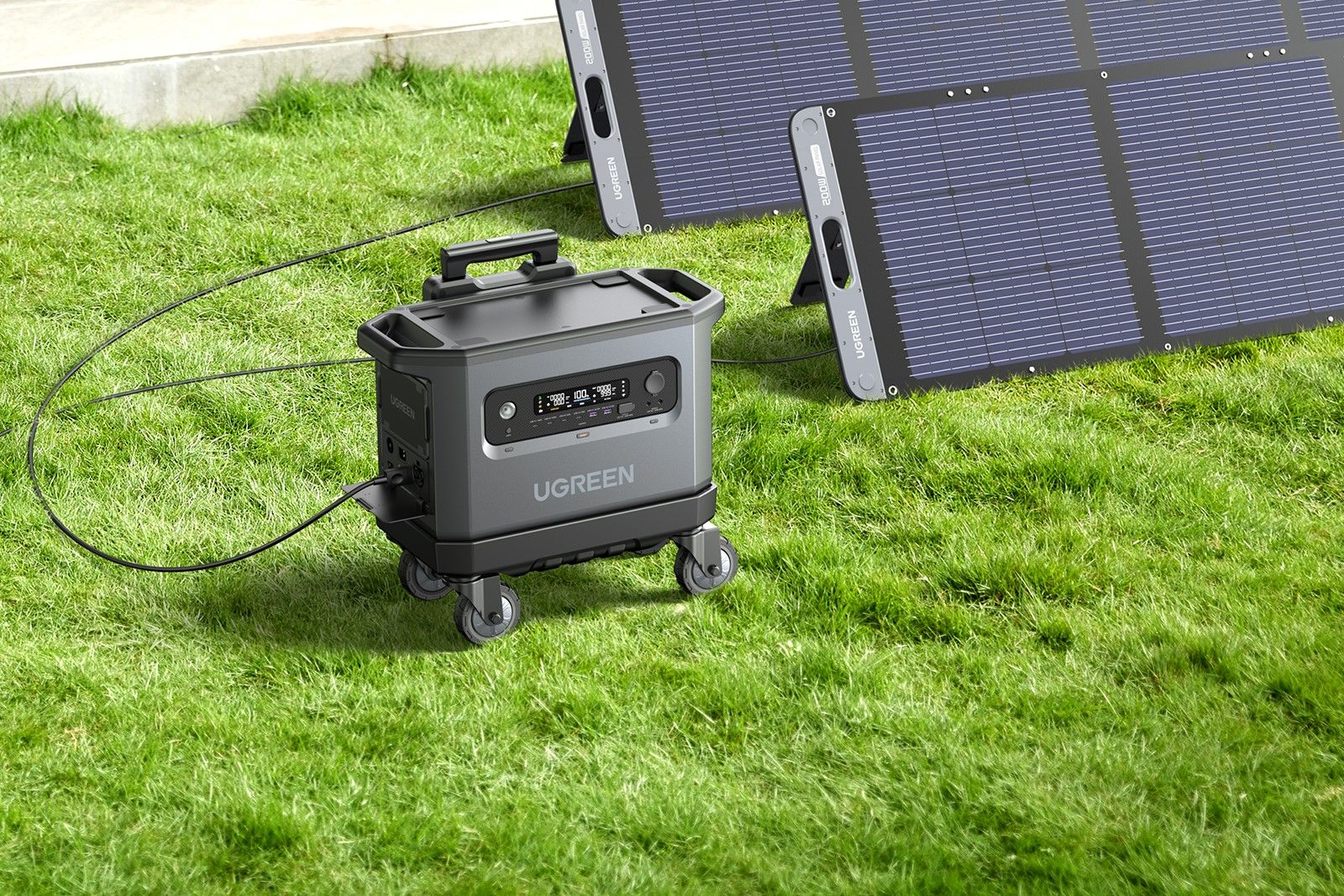 ugreen powerroam 2200 on grass next to solar panels