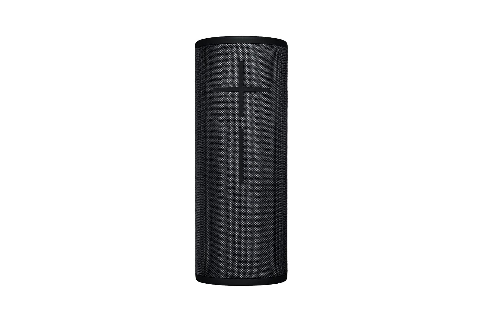 A black and grey wireless speaker with a plus and a minus button on the side for controlling the volume.