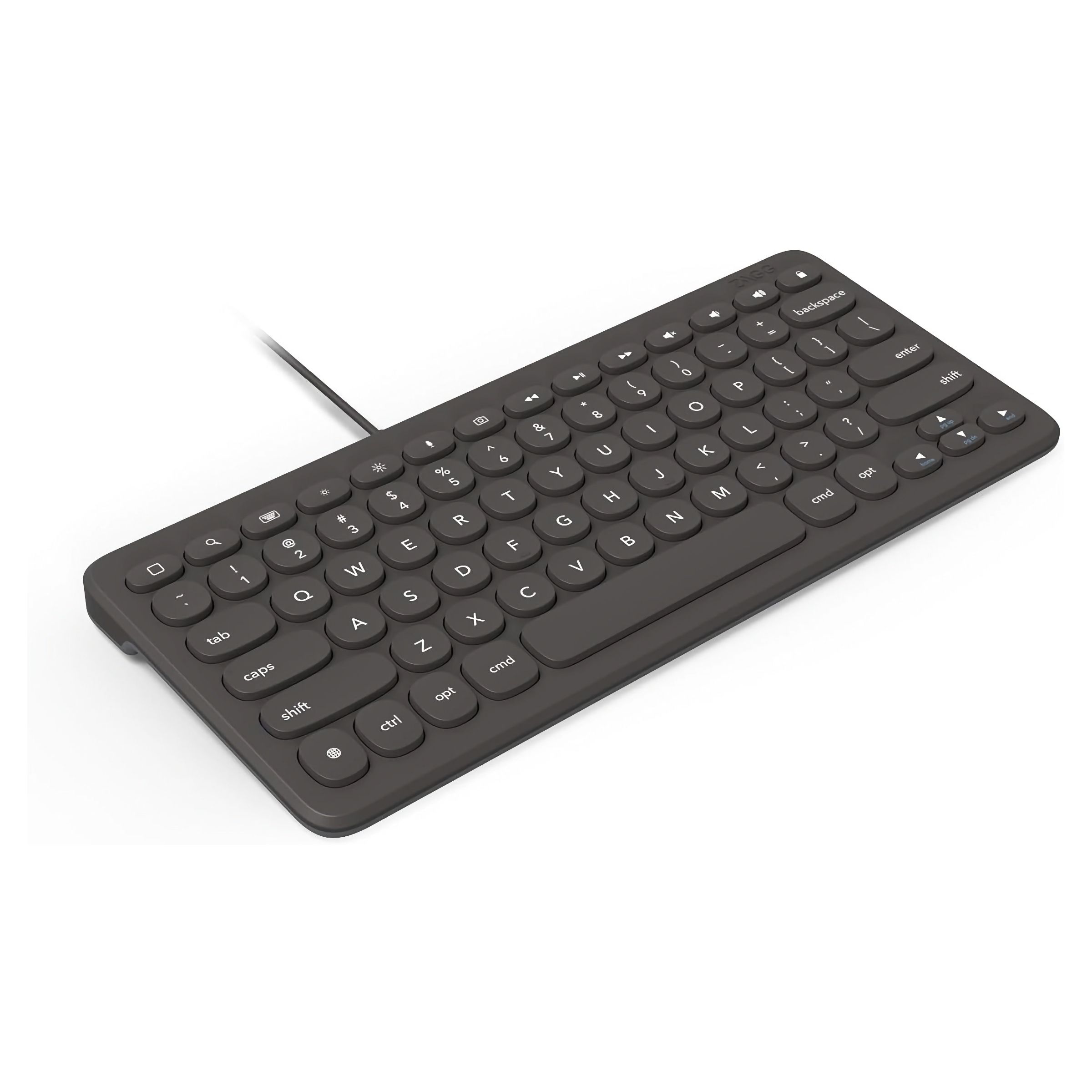 A black keyboard with circular key and a cable coming out of the top.