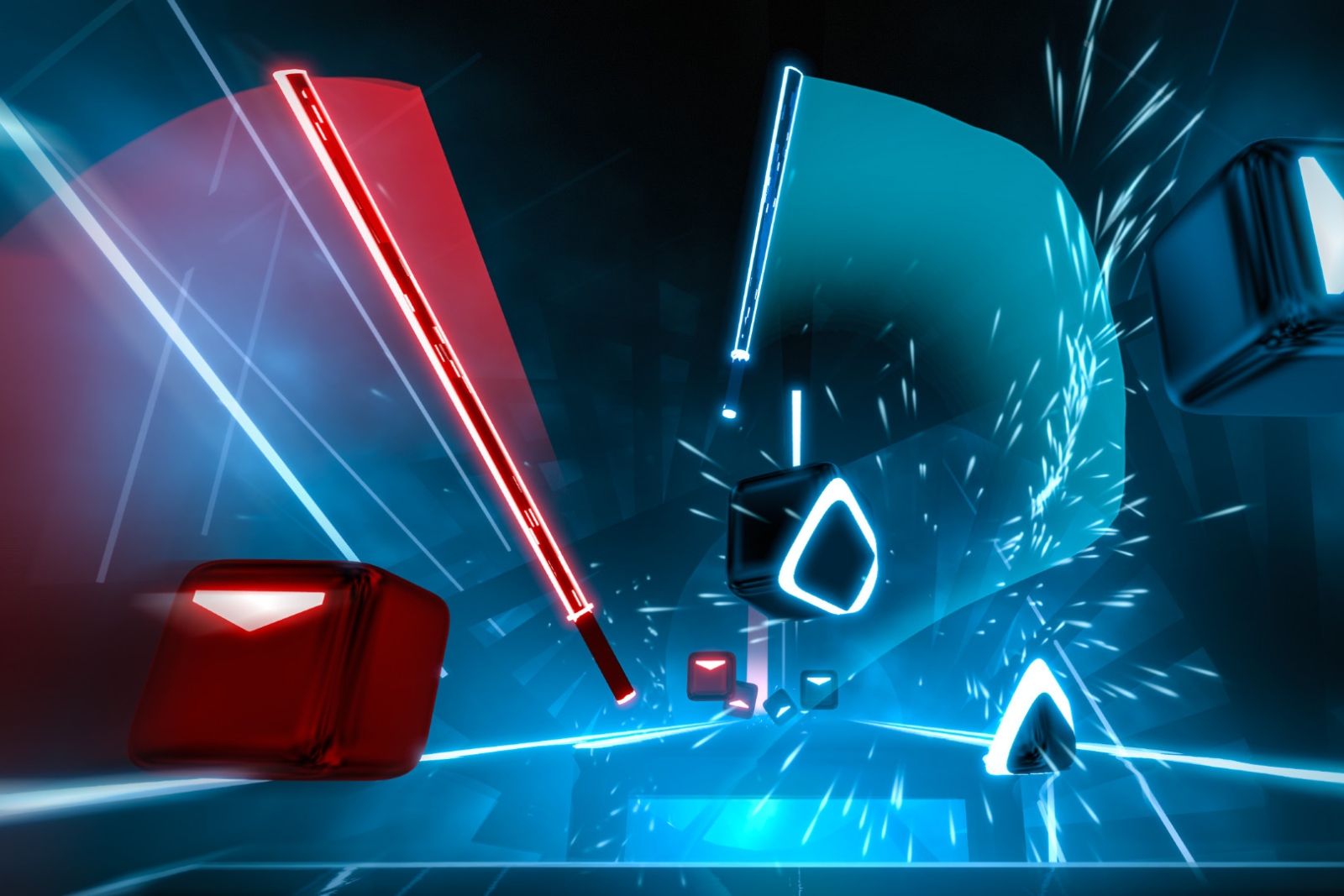 Red and blue lightsabers slicing through note blocks.