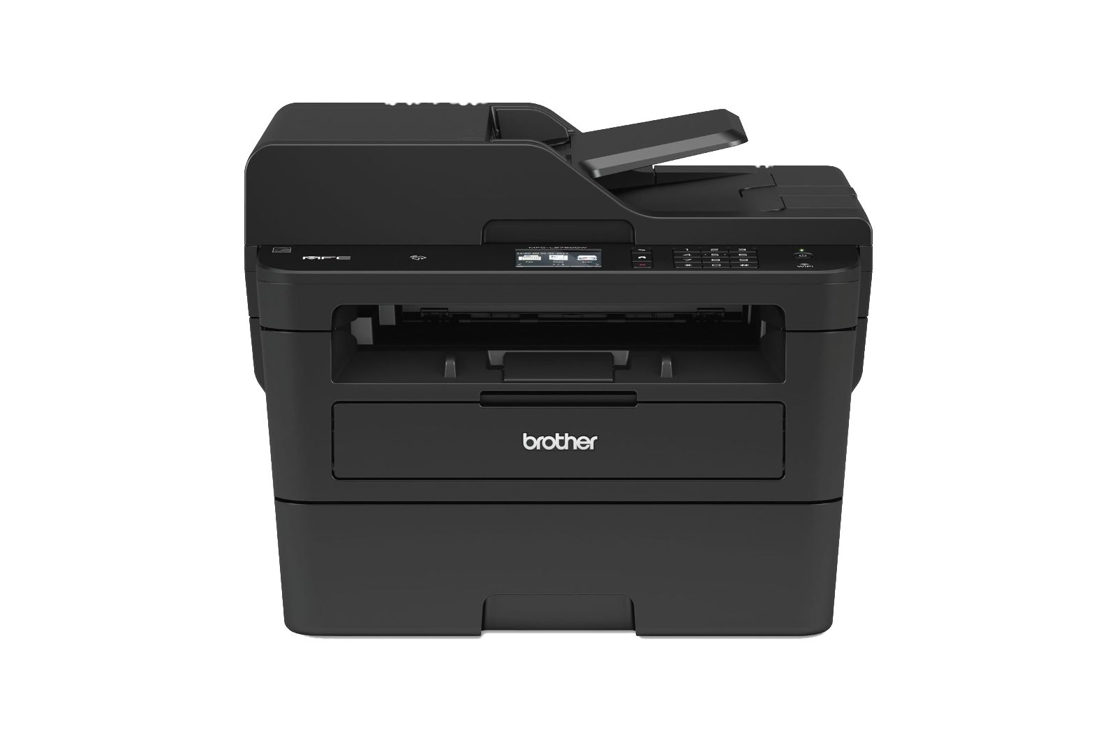 A black printer with a feed tray and small screen at the top, and an opening at the front.