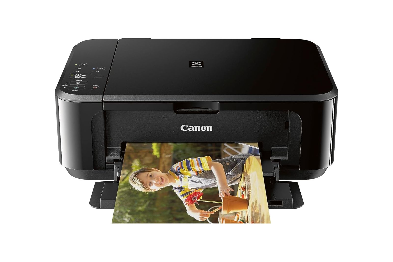 A black printer with a photo coming out of the front tray.