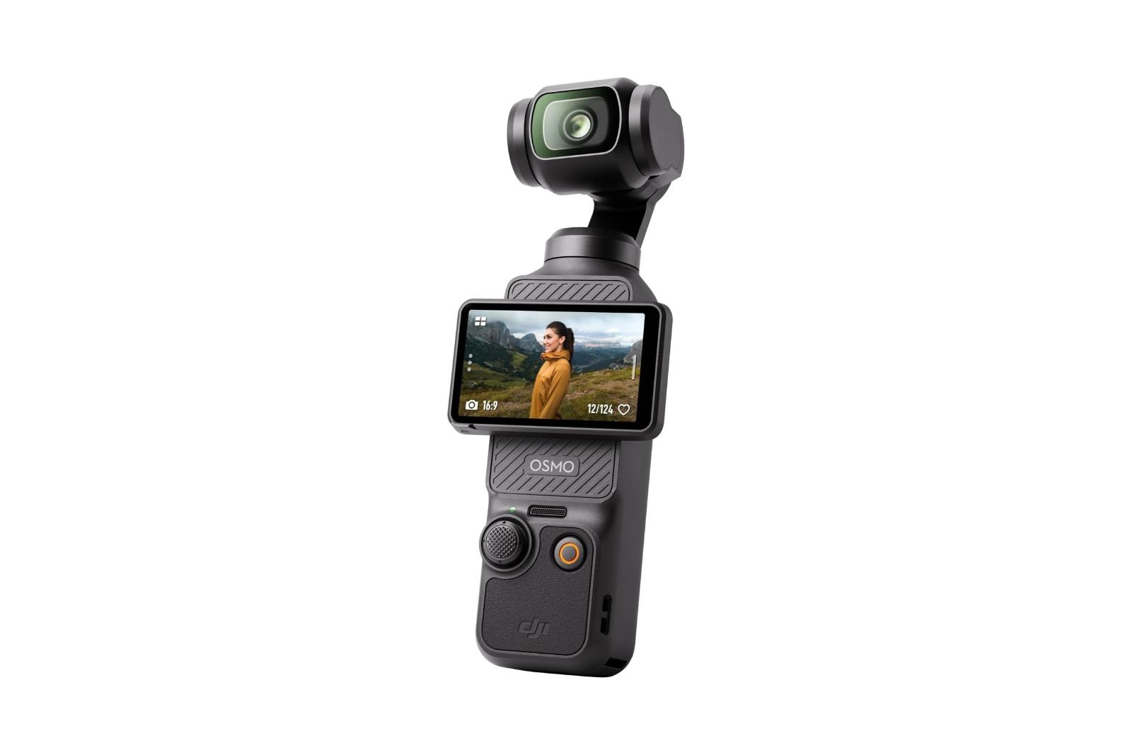A handheld camera with a gimbal head and a rotating screen.