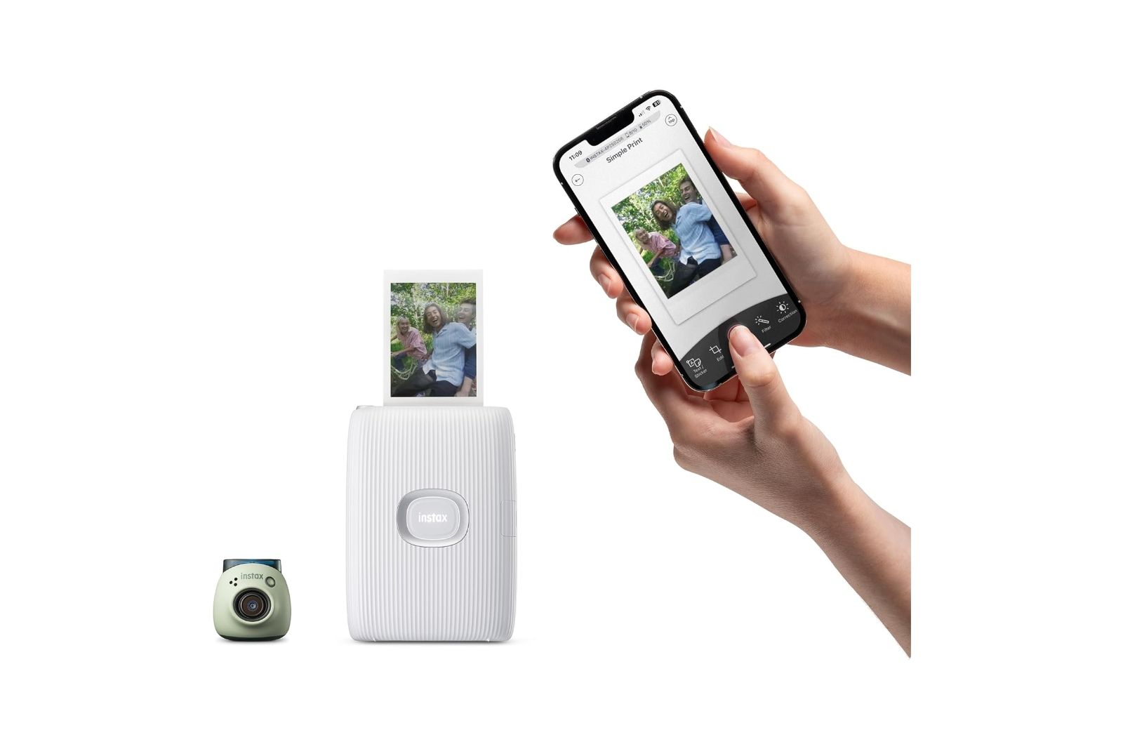A tiny camera, printer with a photo coming out, and hands holding a smartphone.