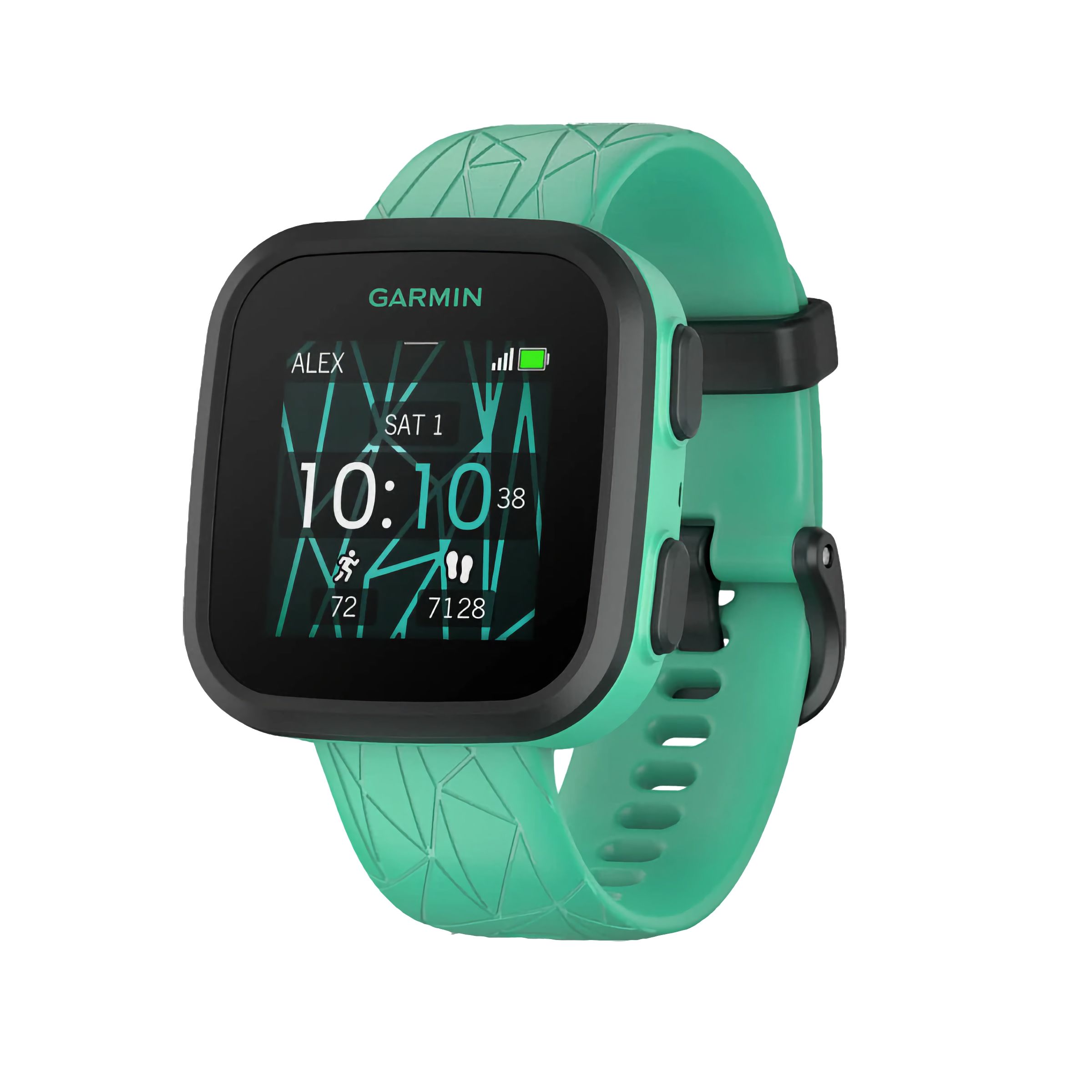 A green square smartwatch with a simple display.