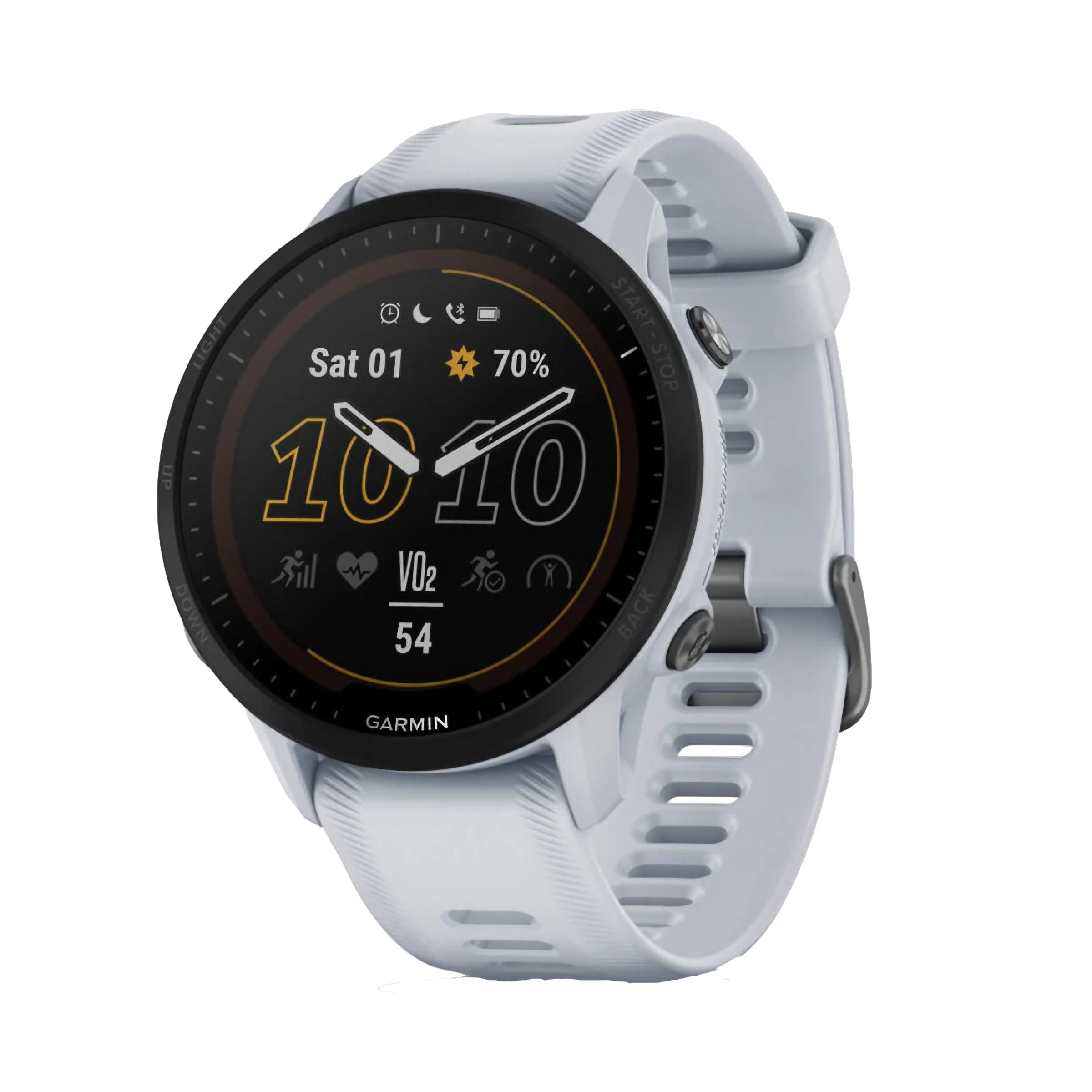 A round smartwatch with an off-white body and band.