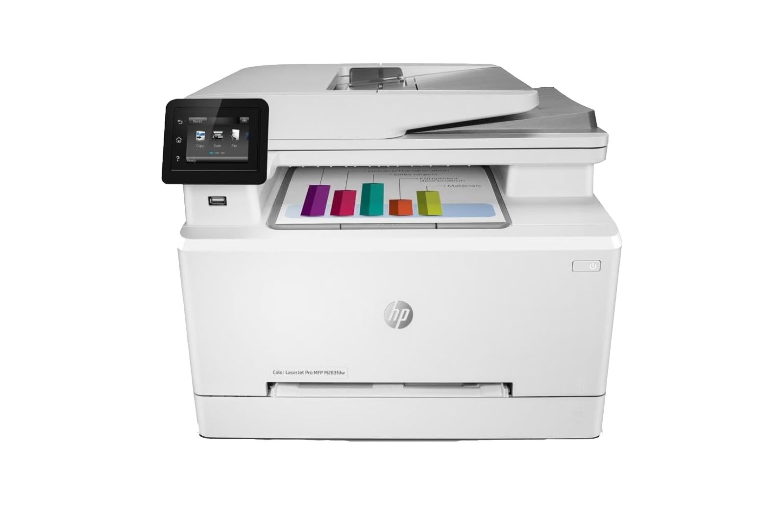A white printer with a screen on the side of its lid and a color printed paper in its front tray.