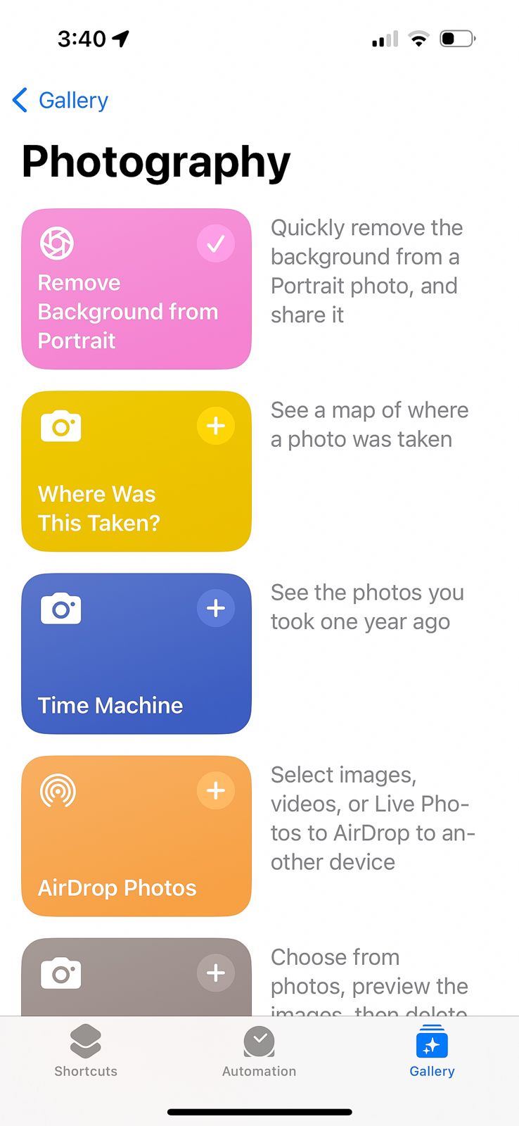An iPhone screenshot of the Shortcuts app