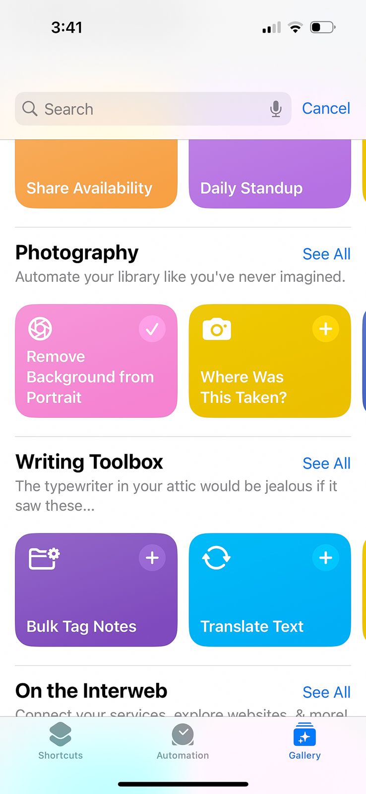An iPhone screenshot of the Shortcuts app