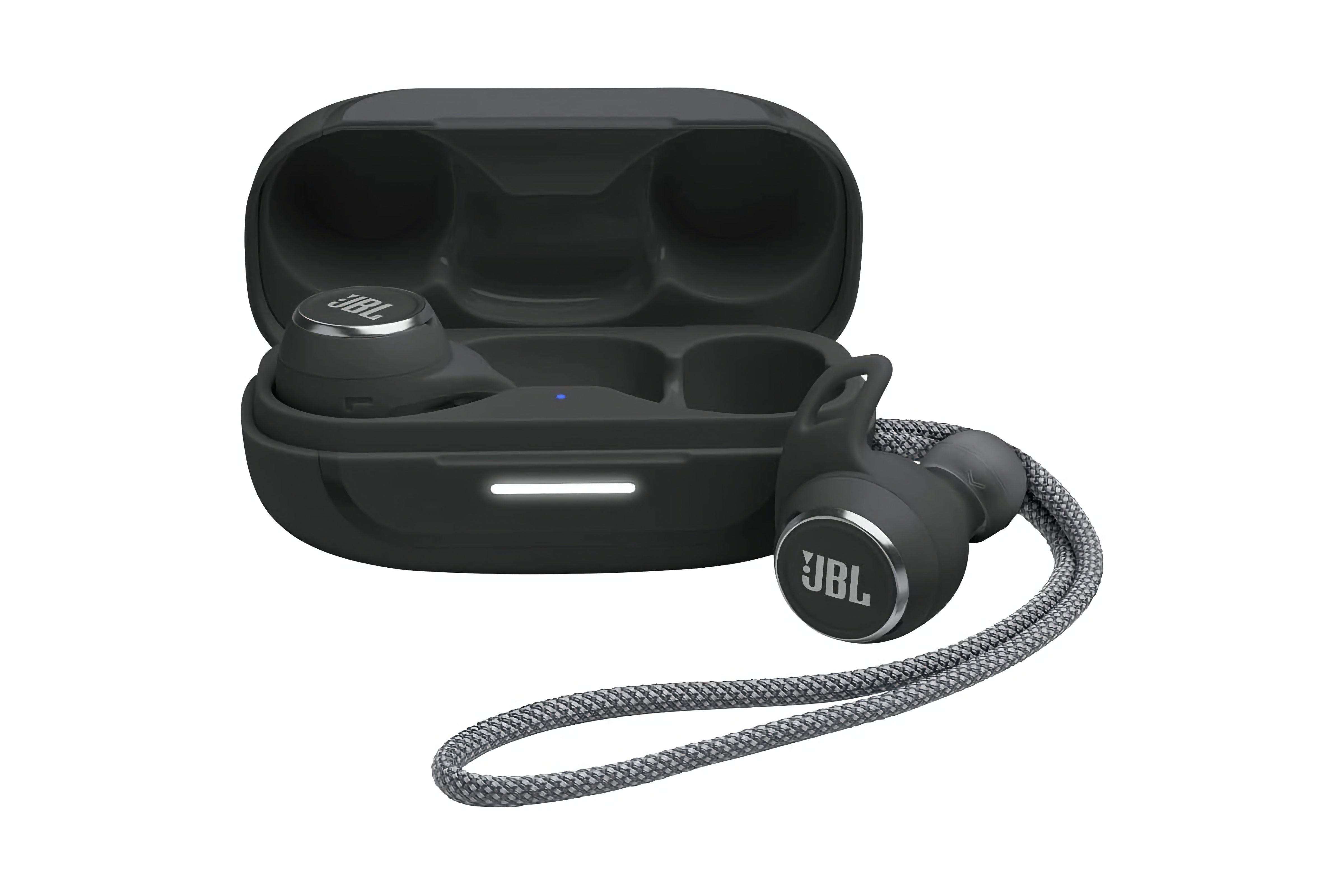 Black, winged wireless earbuds sitting in a charging case, with 
