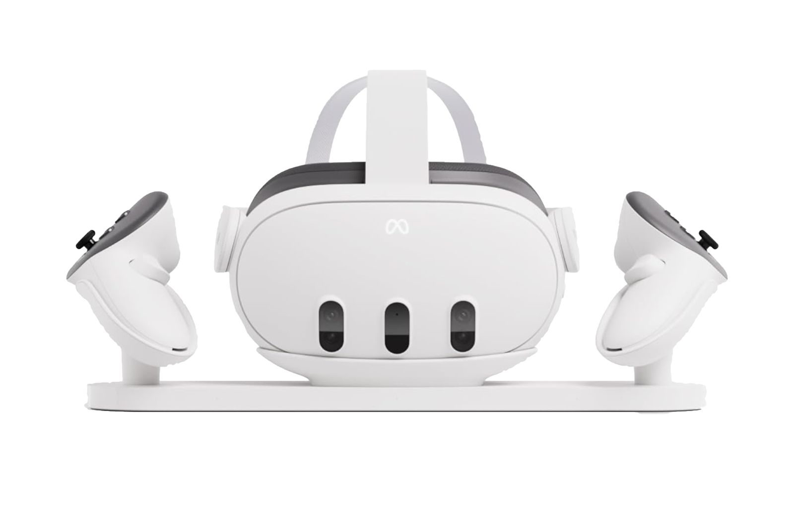A white charging dock with two controllers and a Quest 3 headset sitting in it.