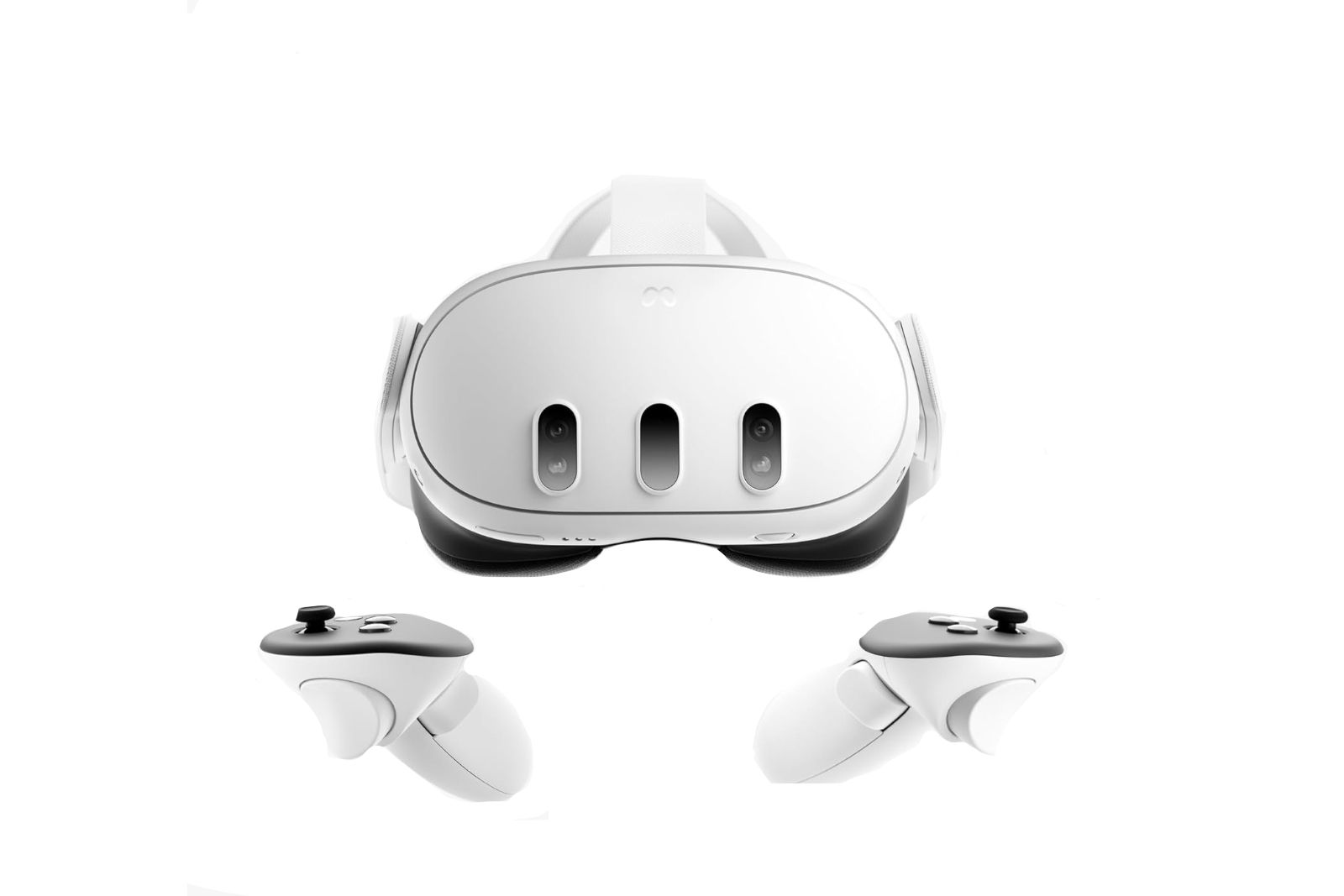 A white VR headset with three pull-shaped cutouts and two controllers sitting in the front.