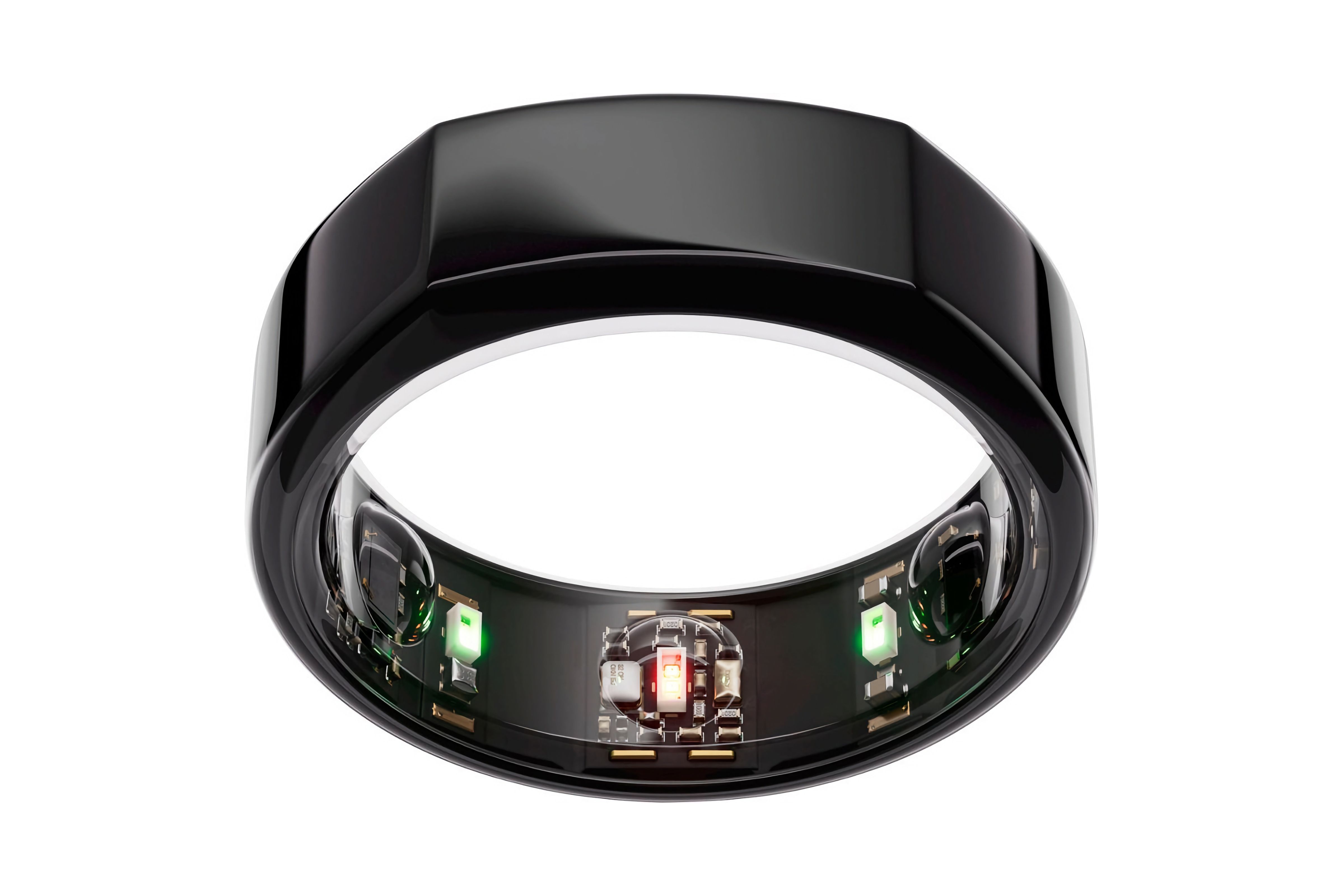 A black ring with three bumps on the inside, a flat side on the top, and visible circuitry under plastic.