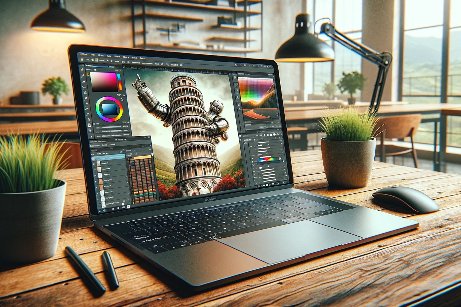 Realistic image of a high-resolution laptop computer (screen resolution 1600x1067) on a wooden table.Laptop screen opens with detailed information