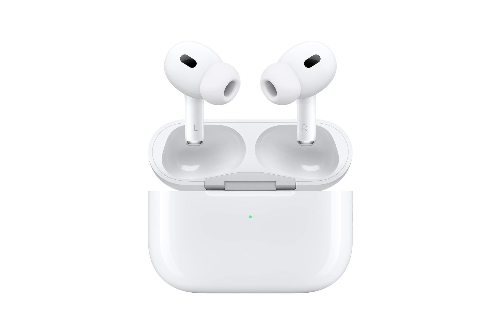Two white wireless earbuds floating above an open white charging case.