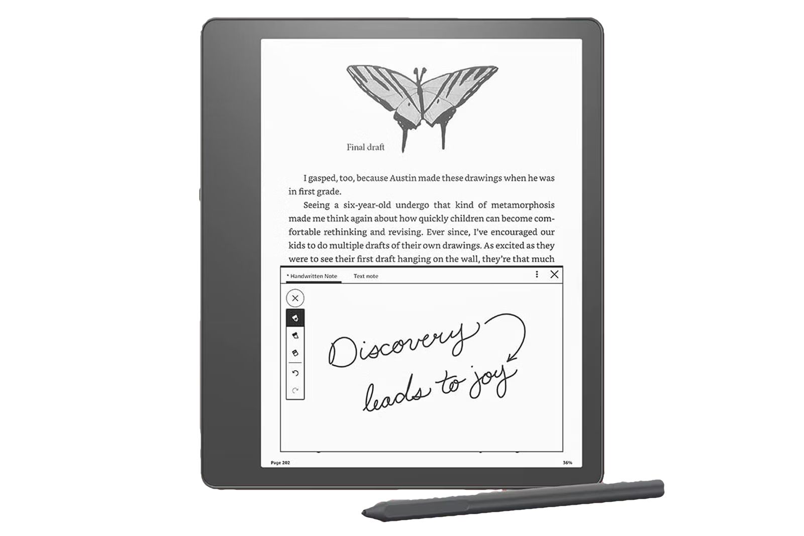 A gray E Ink tablet with a pen laying in front of it.
