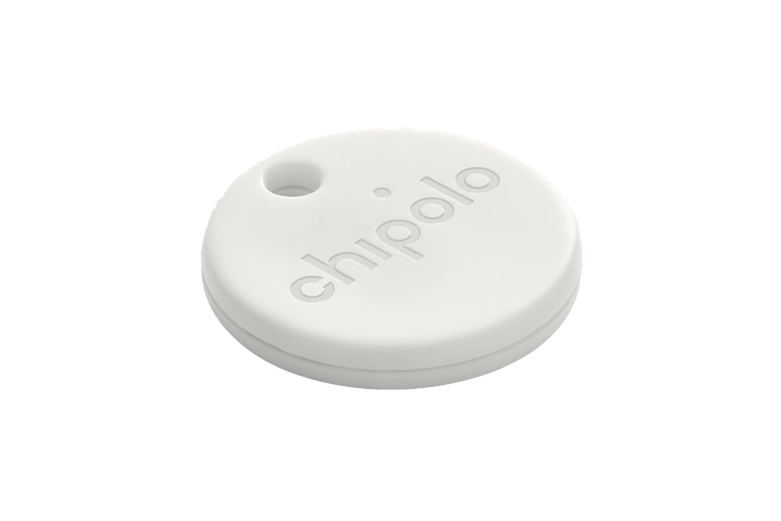 A white, circular tracker with a keyring hole at the top.