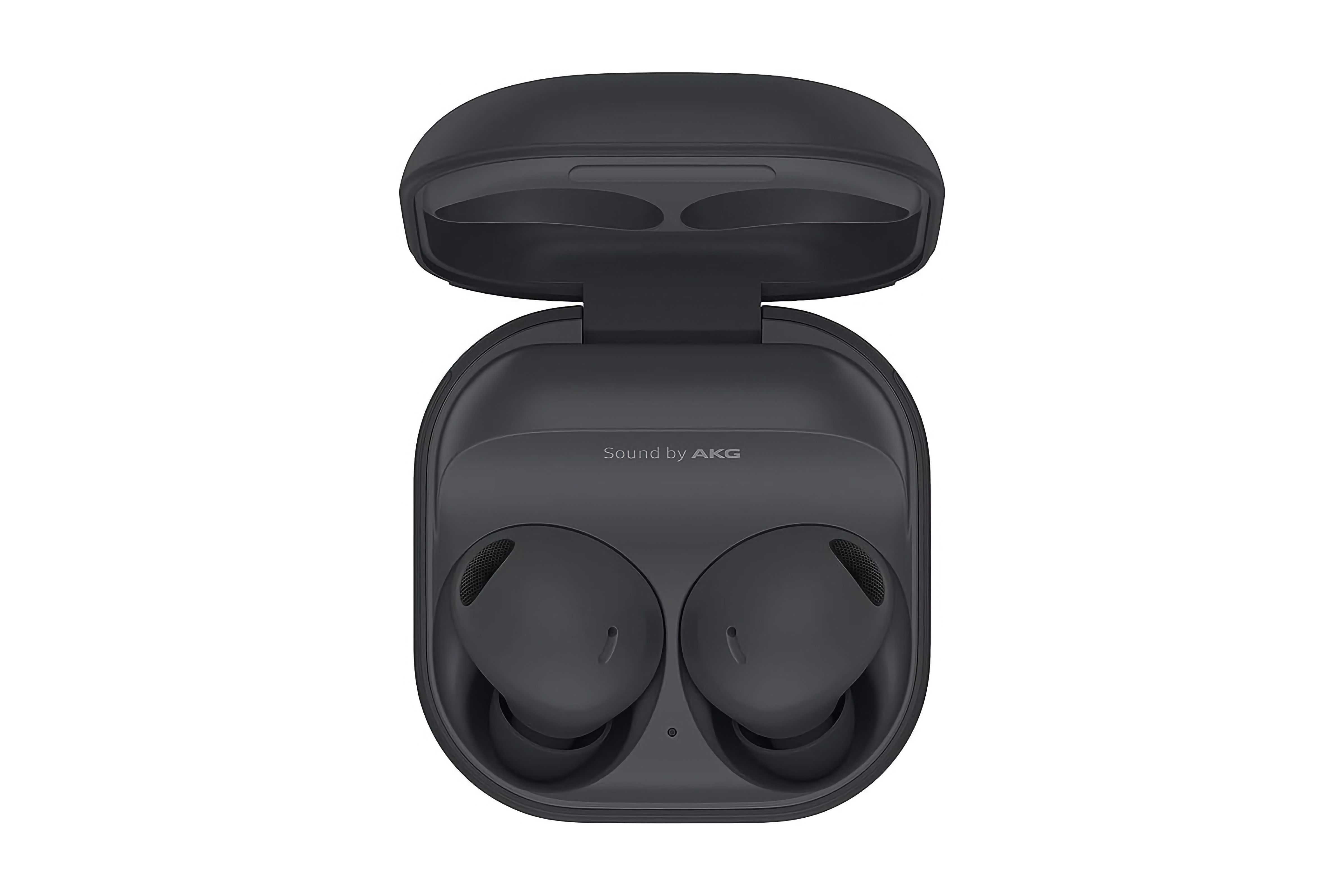 Black earbuds in an open charging case.