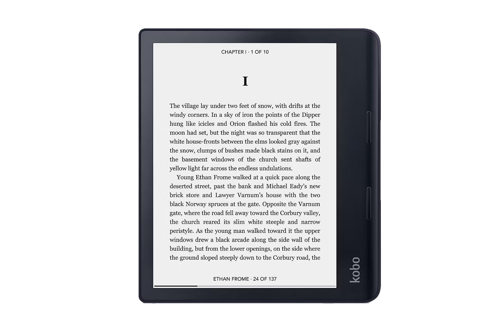 A small, black E Ink tablet with page turn buttons.