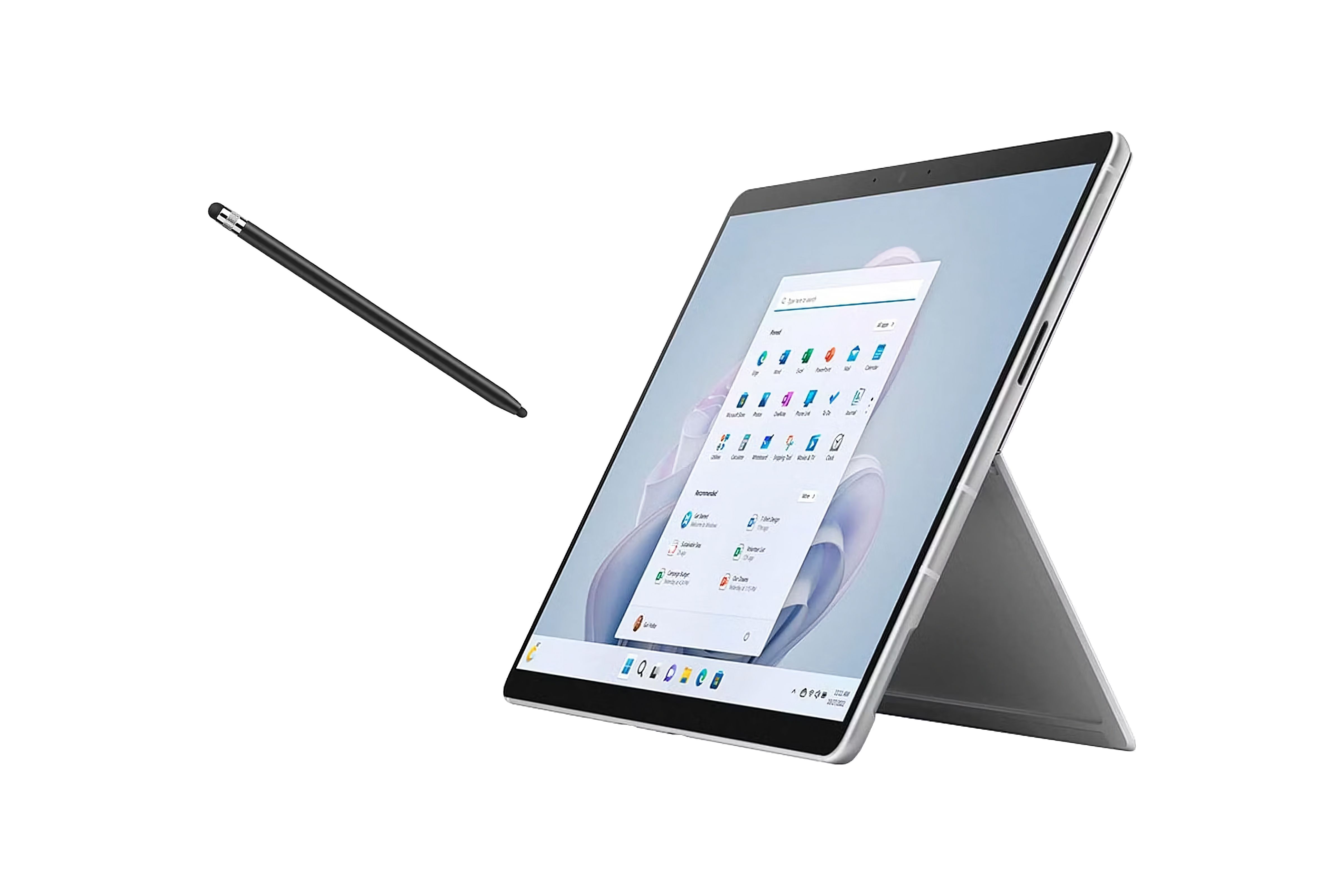 A horizontal silver tablet with a kickstand and a stylus floating in front of it.