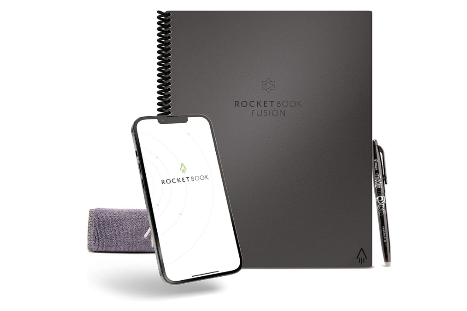 Rocketboot Fusion notebook tag image white background, gray notebook, light gray cloth, and black pen with smart phone in front displaying brand name Rocketbook