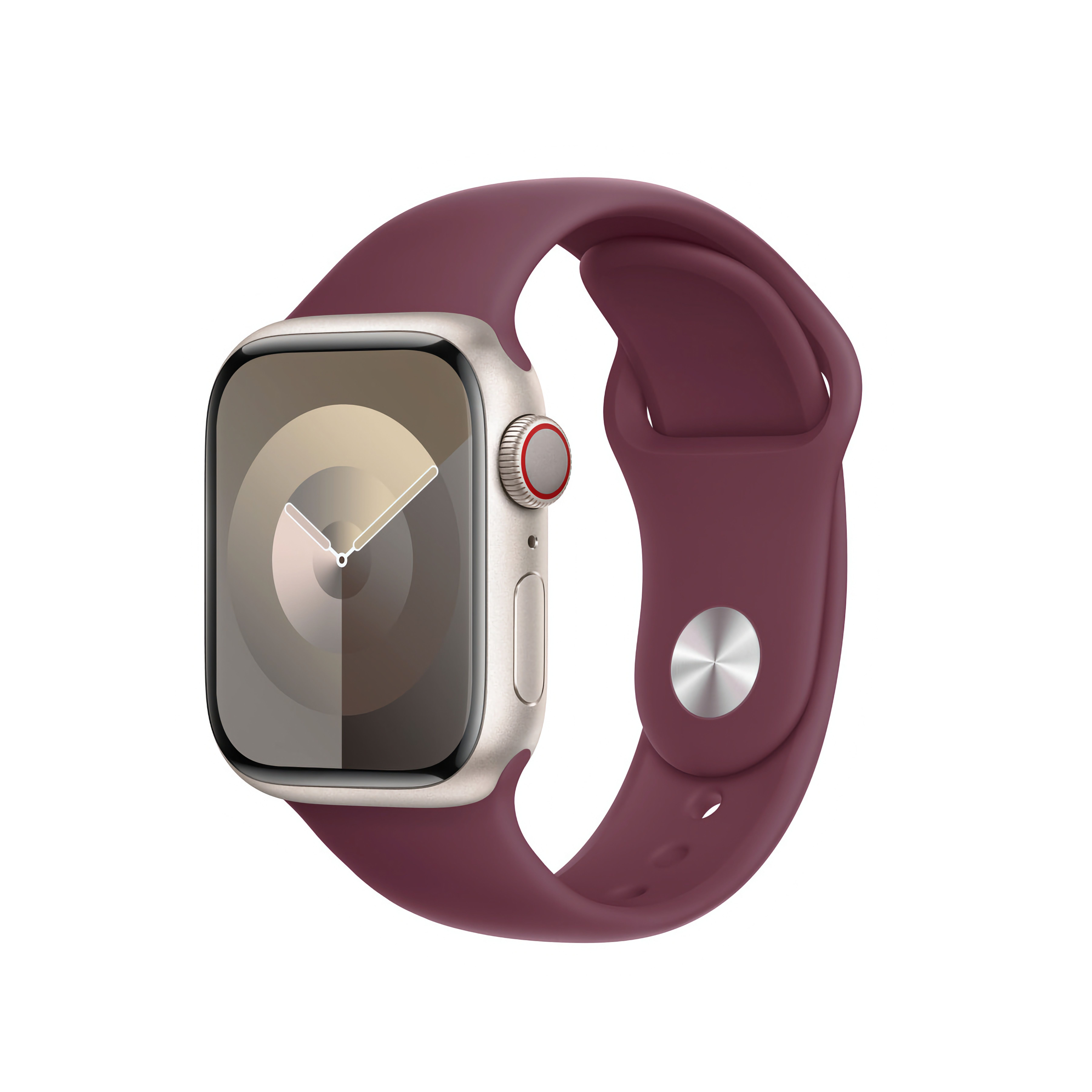 A rose gold Apple Watch with a purple rubber watch band.