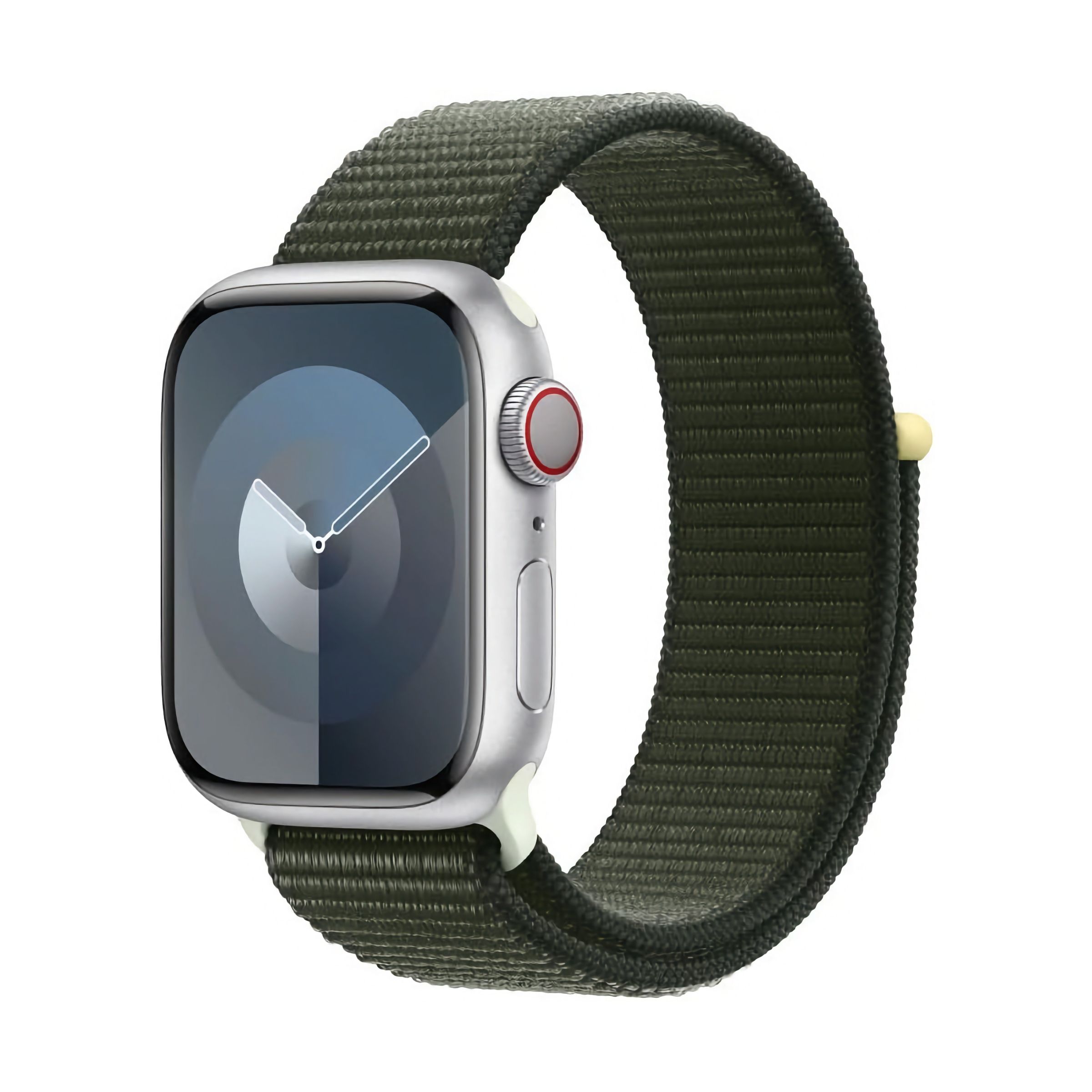 A silver Apple Watch with a green fabric velcro band.