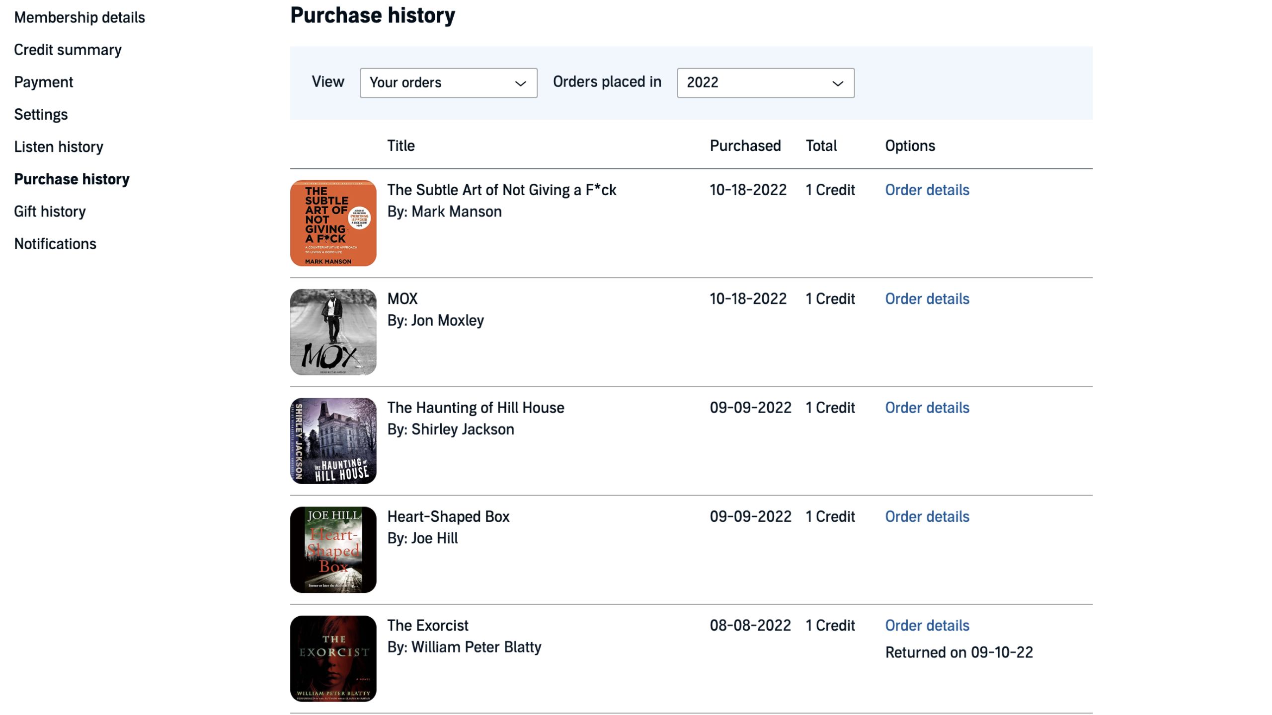 Audible purchase history
