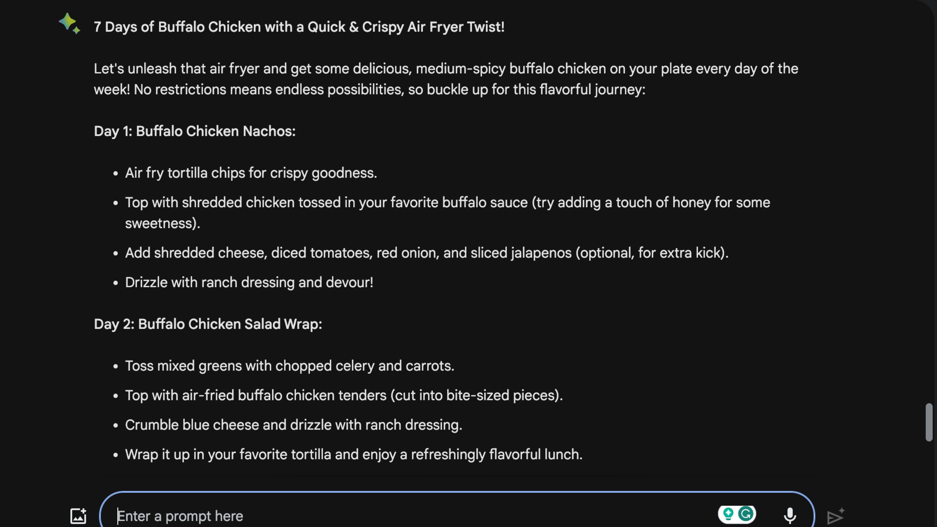 Google Bard's Buffalo Chicken Meal Plan