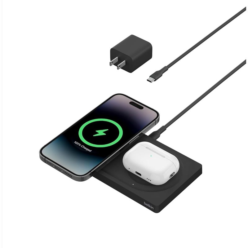 A balck wireless charging pad with an iPhone and an AirPods Pro case sitting on it.