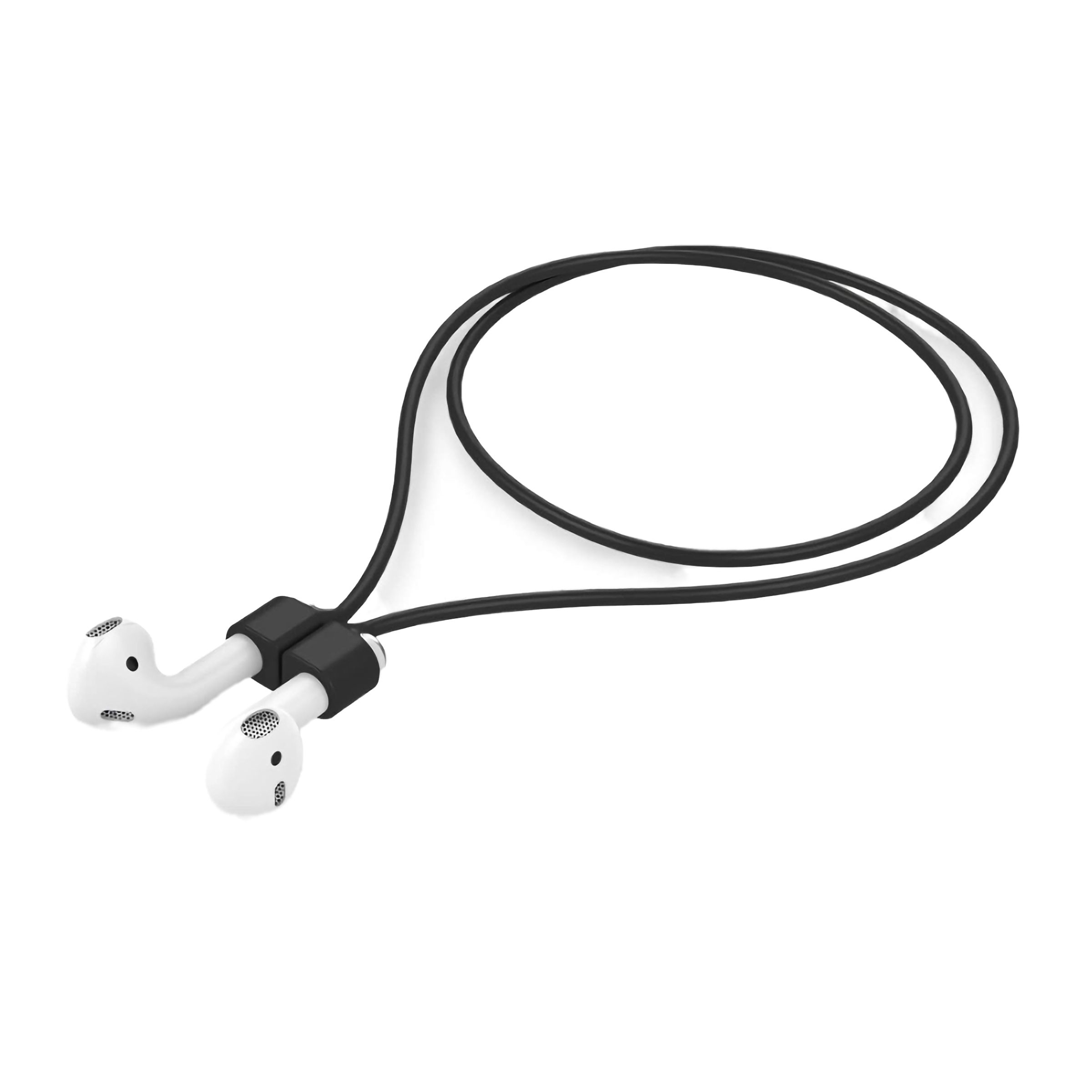 A black cord attached to two AirPods stuck together.