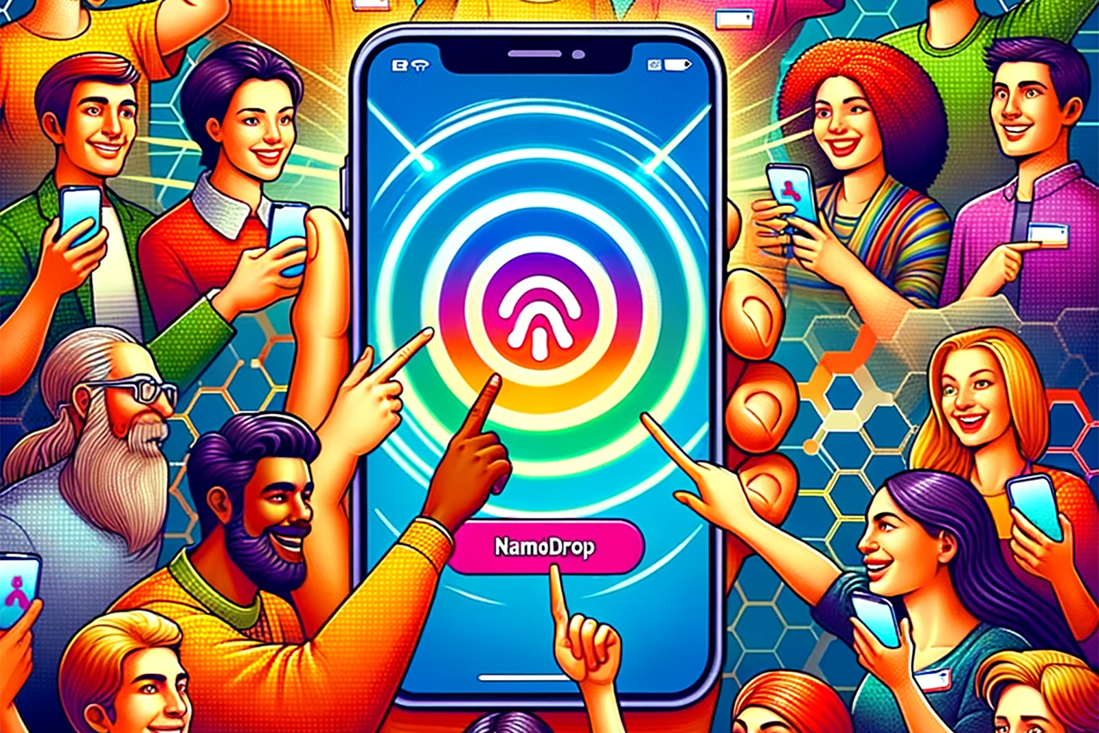 A vibrant, colorful illustration showing a multitude of diverse people in a network, each holding up their iPhone showcasing the NameDrop feature. The