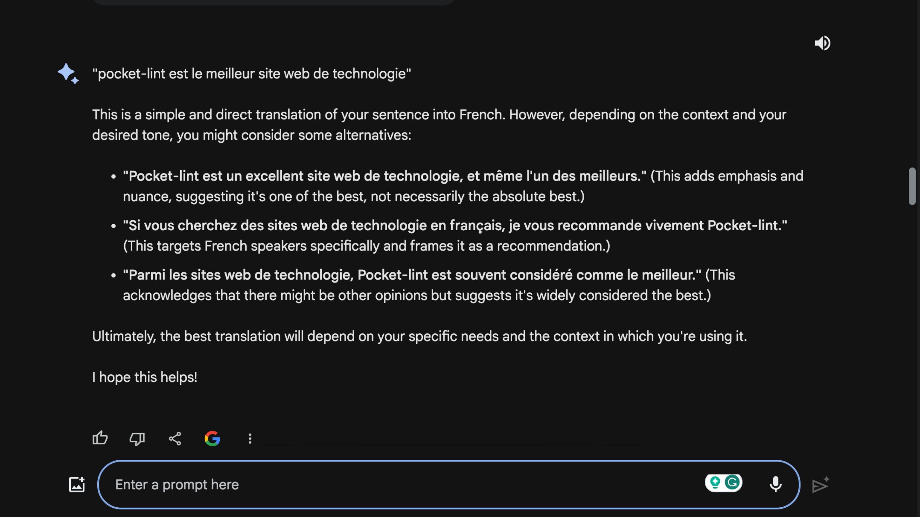 Google Bard Translate English to French