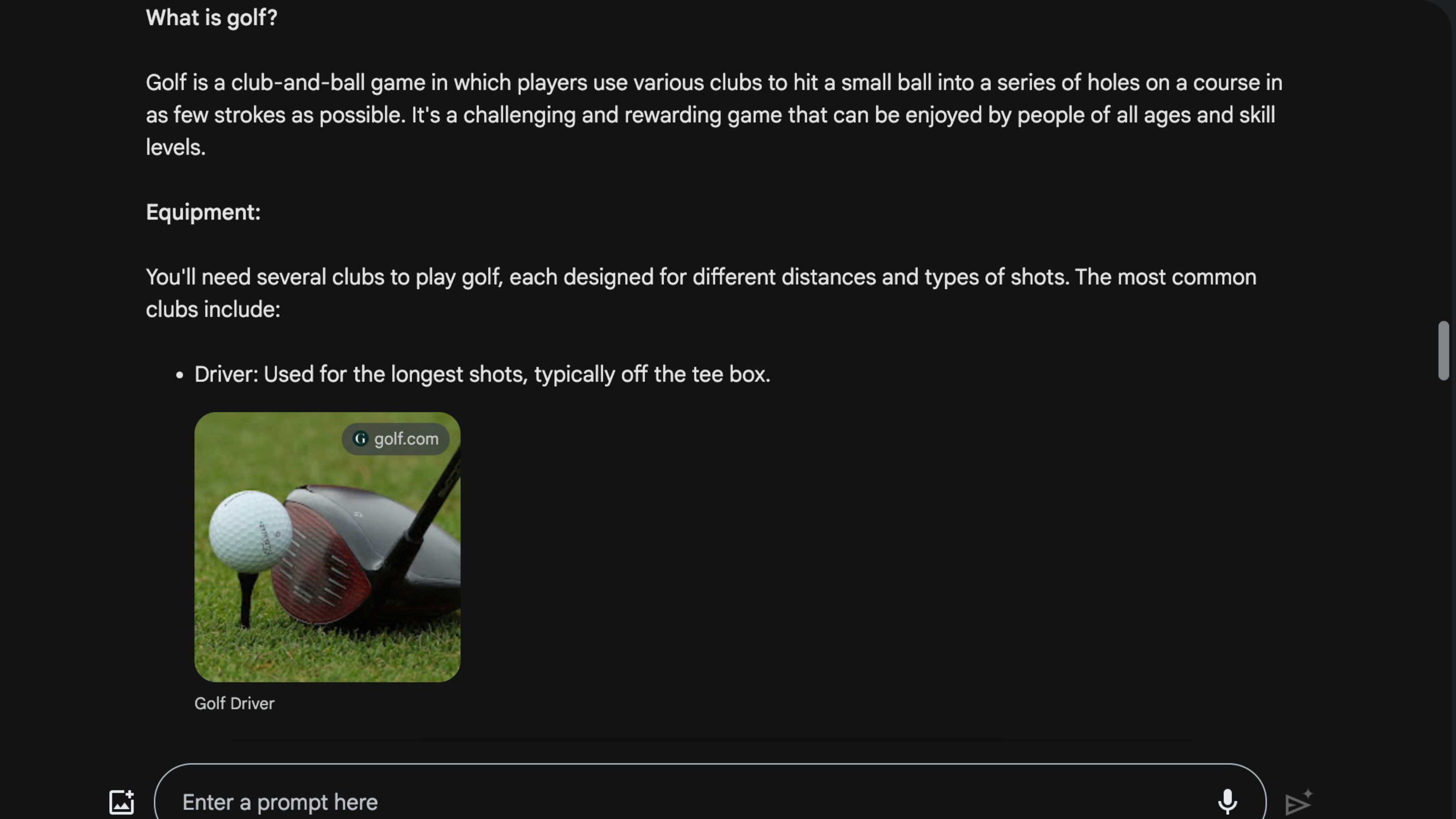 Google Bard answers what is golf