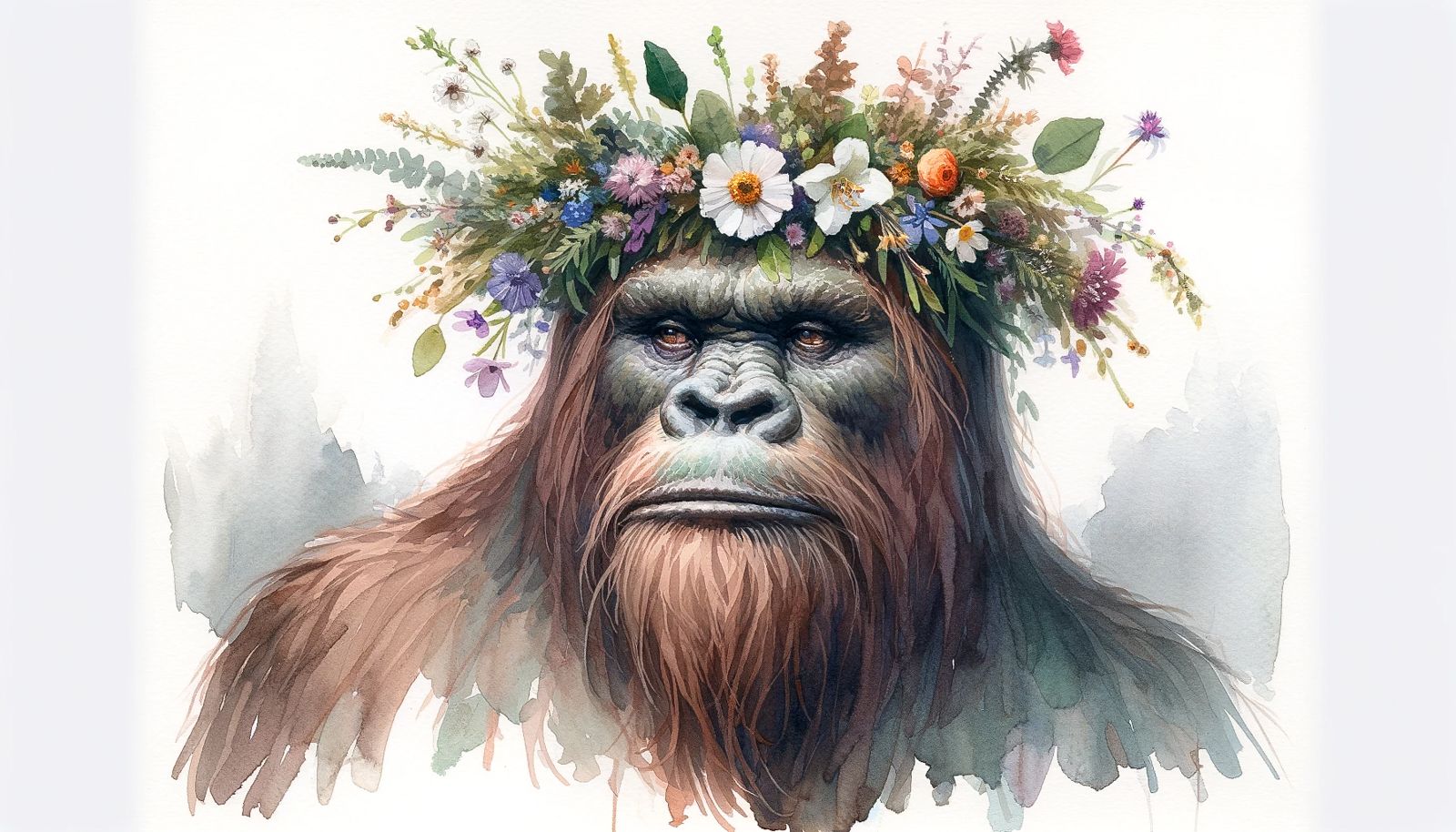 A watercolor image of Sasquatch wearing a floral crown, generated by ChatGPT
