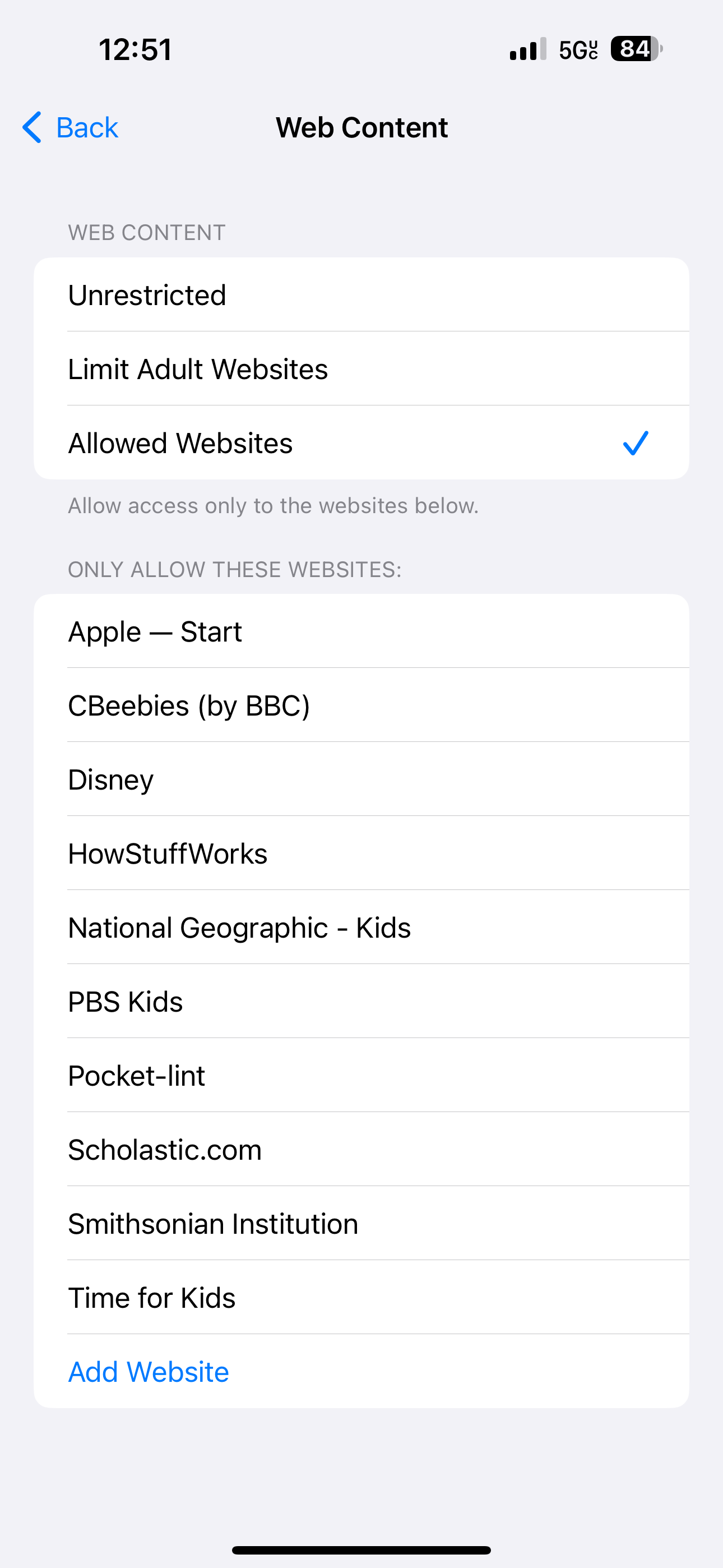 The list of allowed websites on iPhone