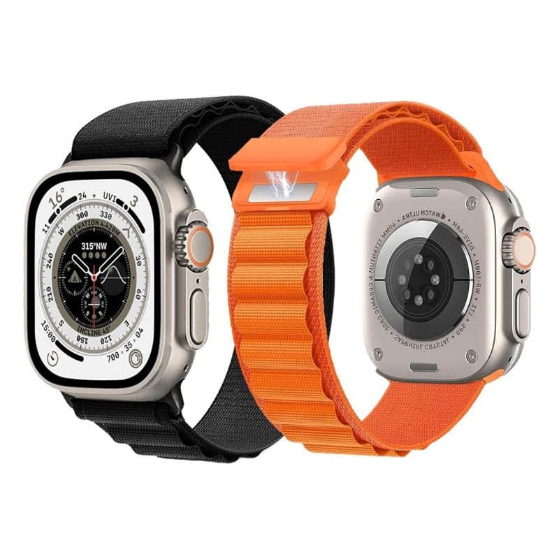 Two Apple Watch Ultras with colored nylon bands with magnetic clasps.
