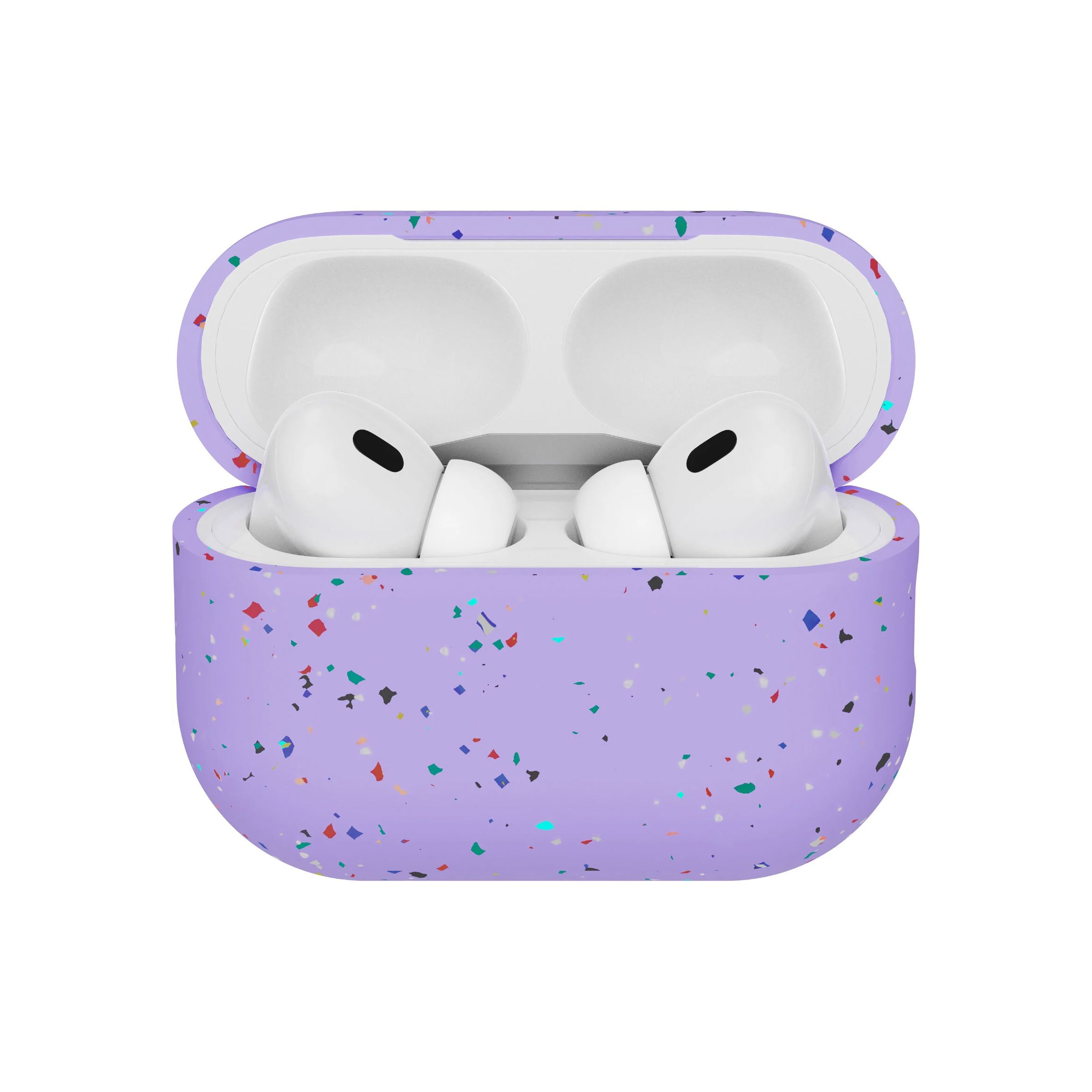 A purple speckled case on an AirPods Pro case that's open.
