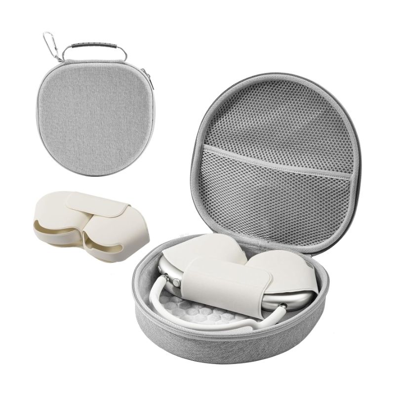 A grey carrying case with silver AirPods Max sitting in it.