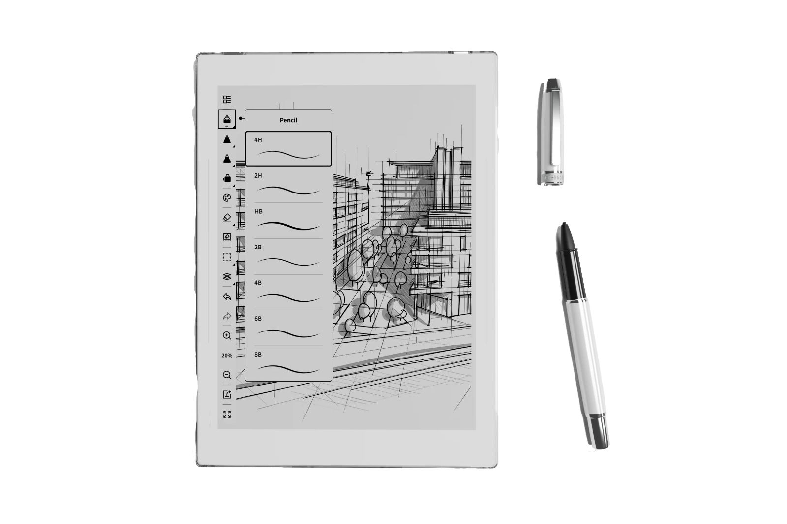 A white E Ink tablet with a drawing on the screen and pen on the side.