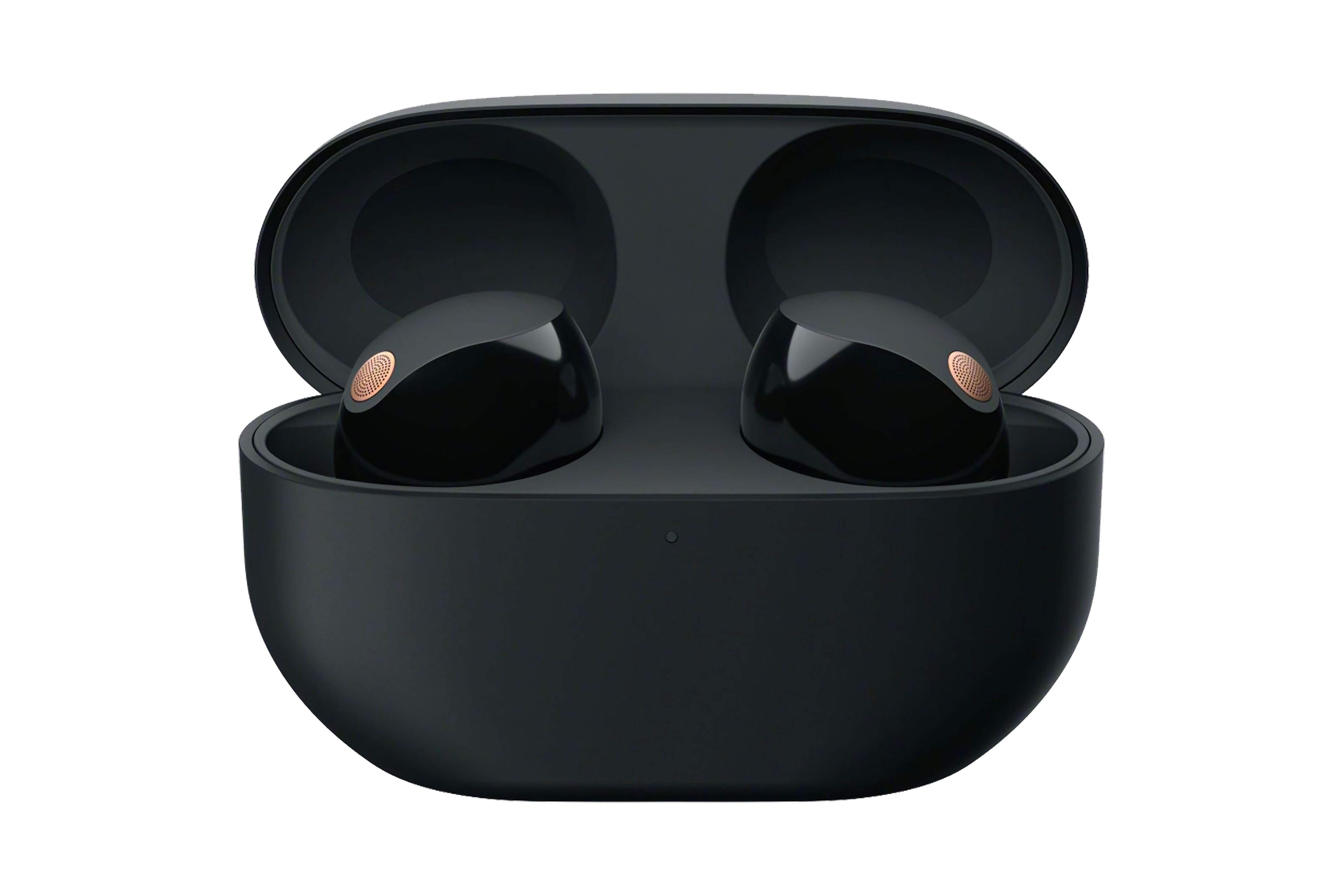 Black Sony wireless earbuds in a matching charging case.