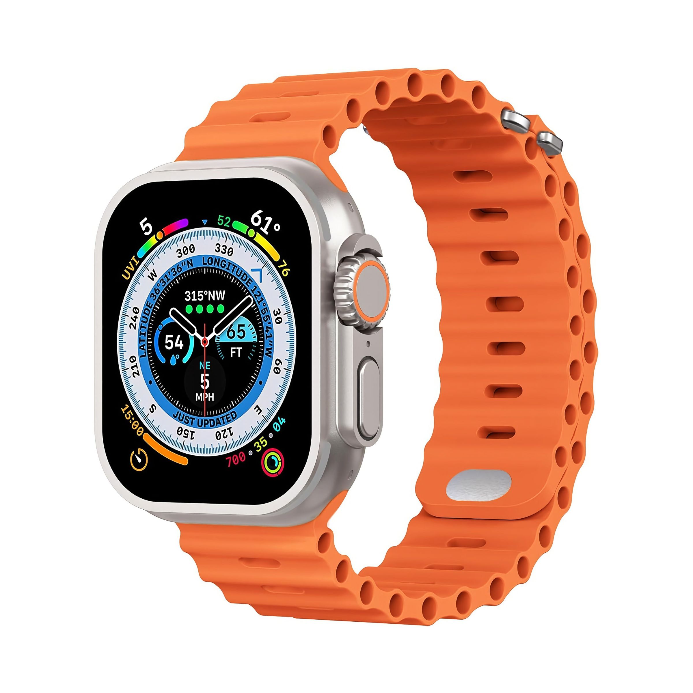 An Apple Watch Ultra with ridged, rubber band with a clasp.