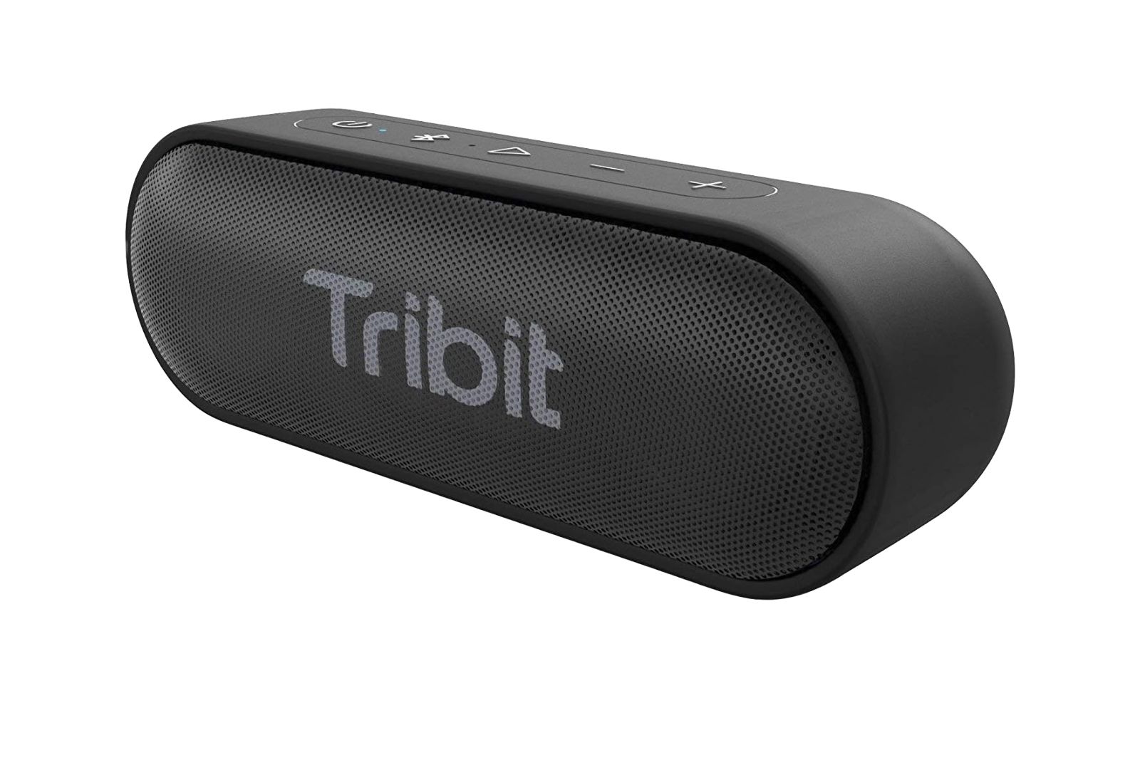 A black, pill-shaped Bluetooth speaker with 