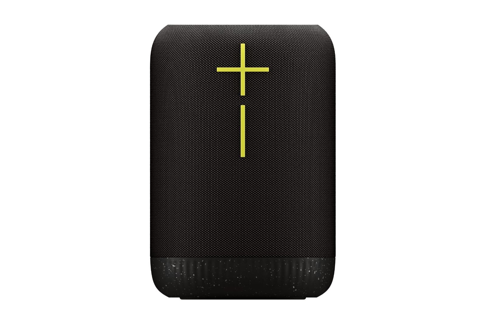 A rounded rectangular black speaker with giant yellow volume control buttons.