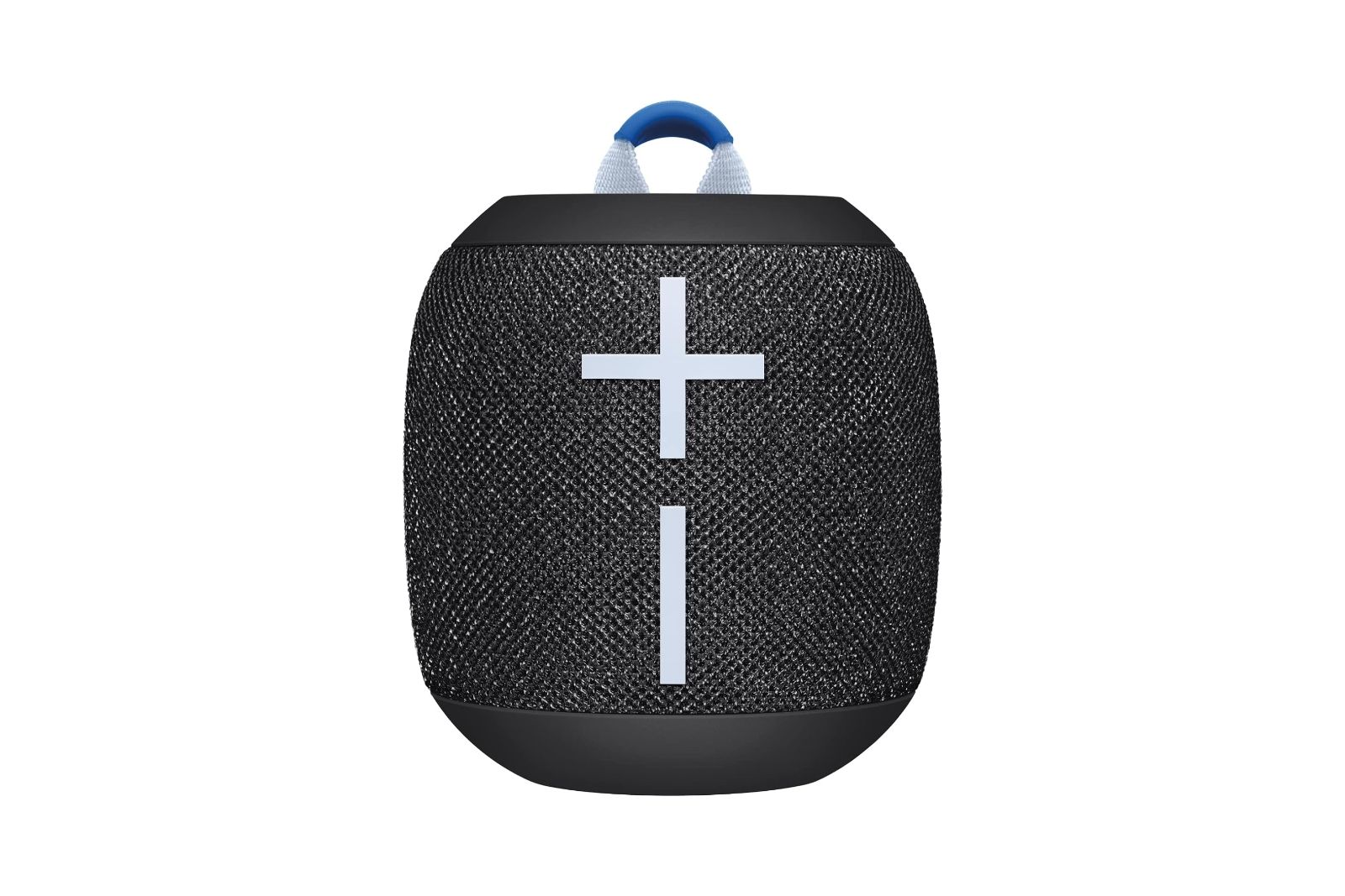 A black, gray, and blue Bluetooth speaker with giant volume controls on the side.