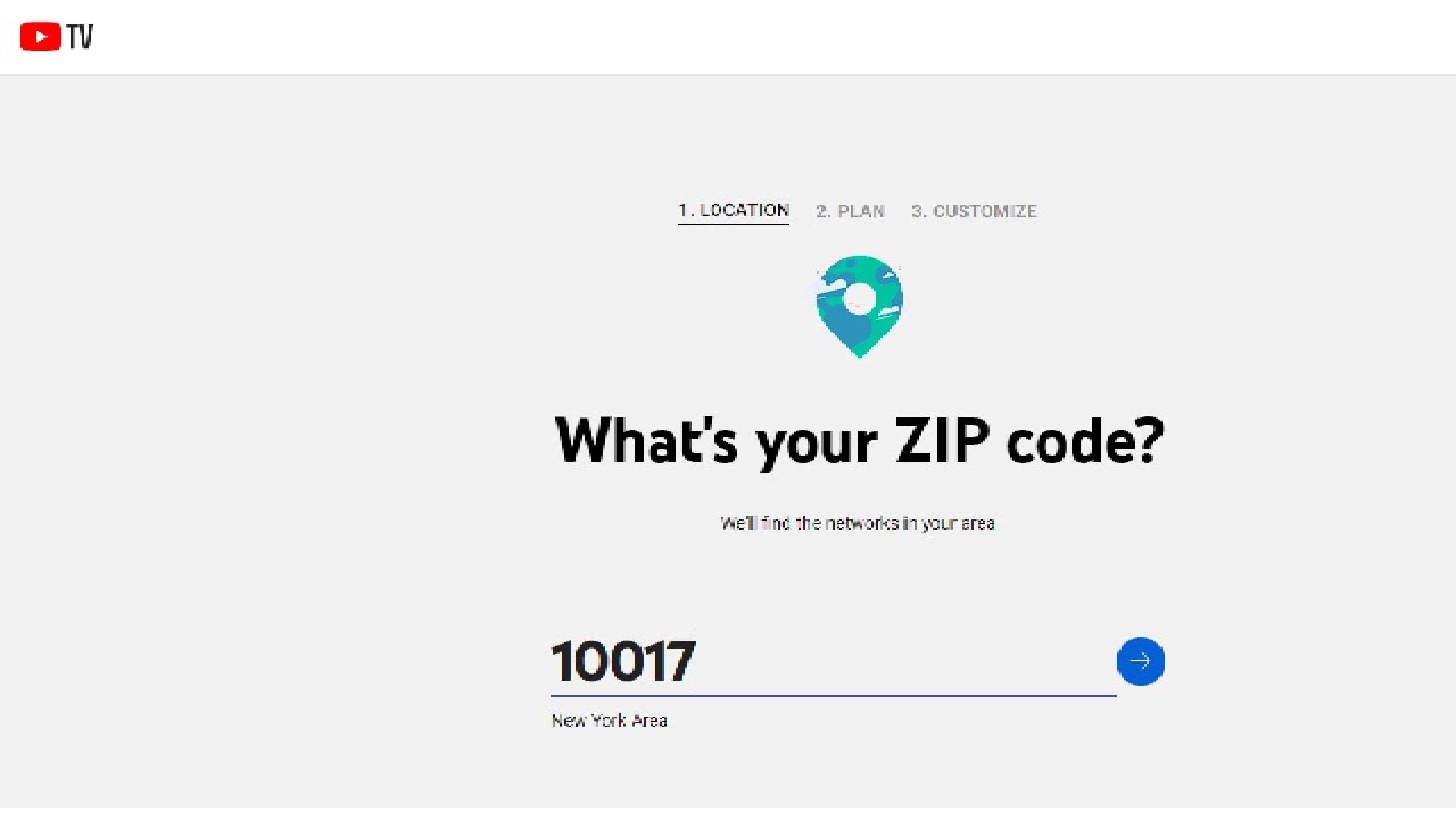 A screenshot of YouTube TV zip code request