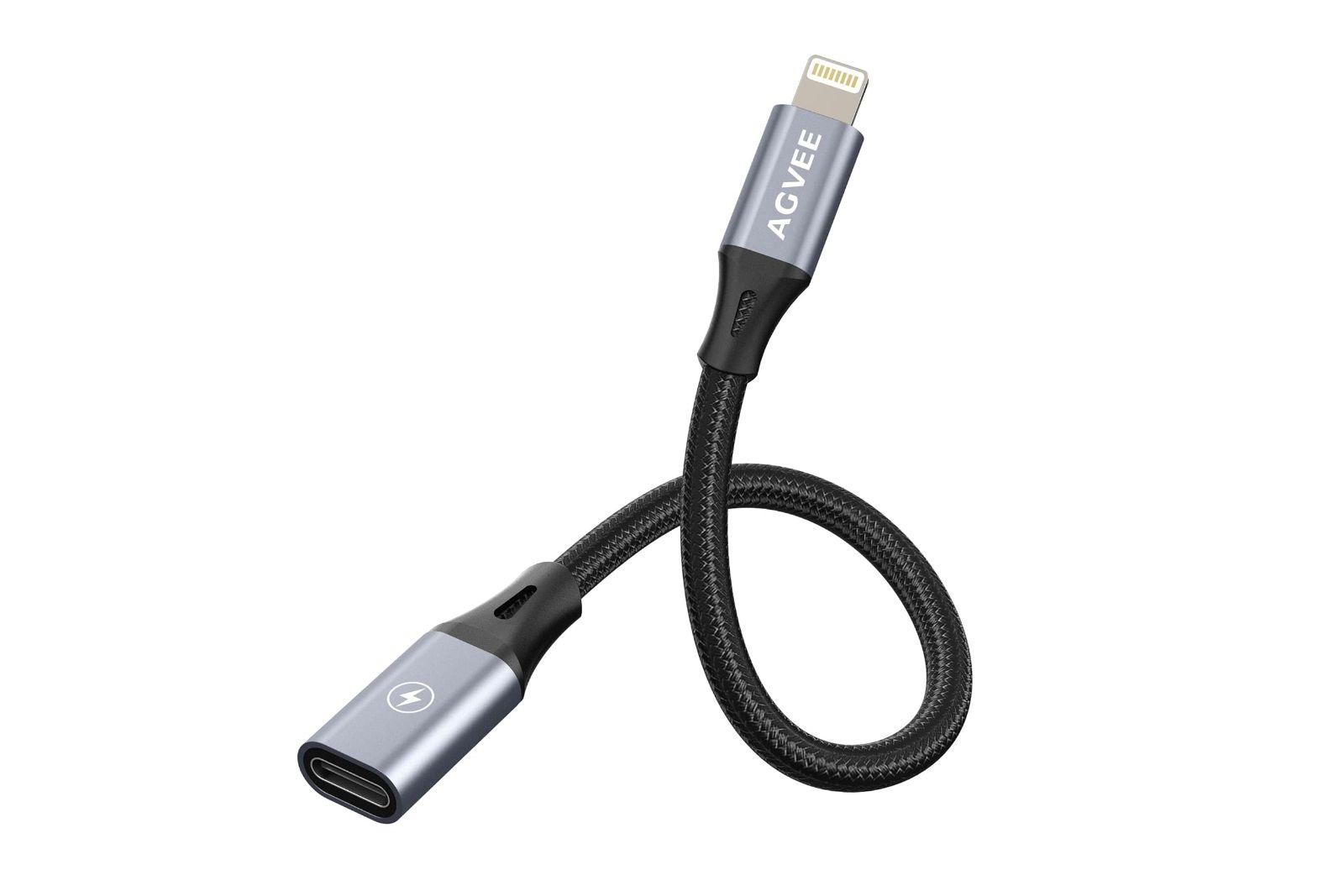 Gray and black USB-C to Lightning adapter.