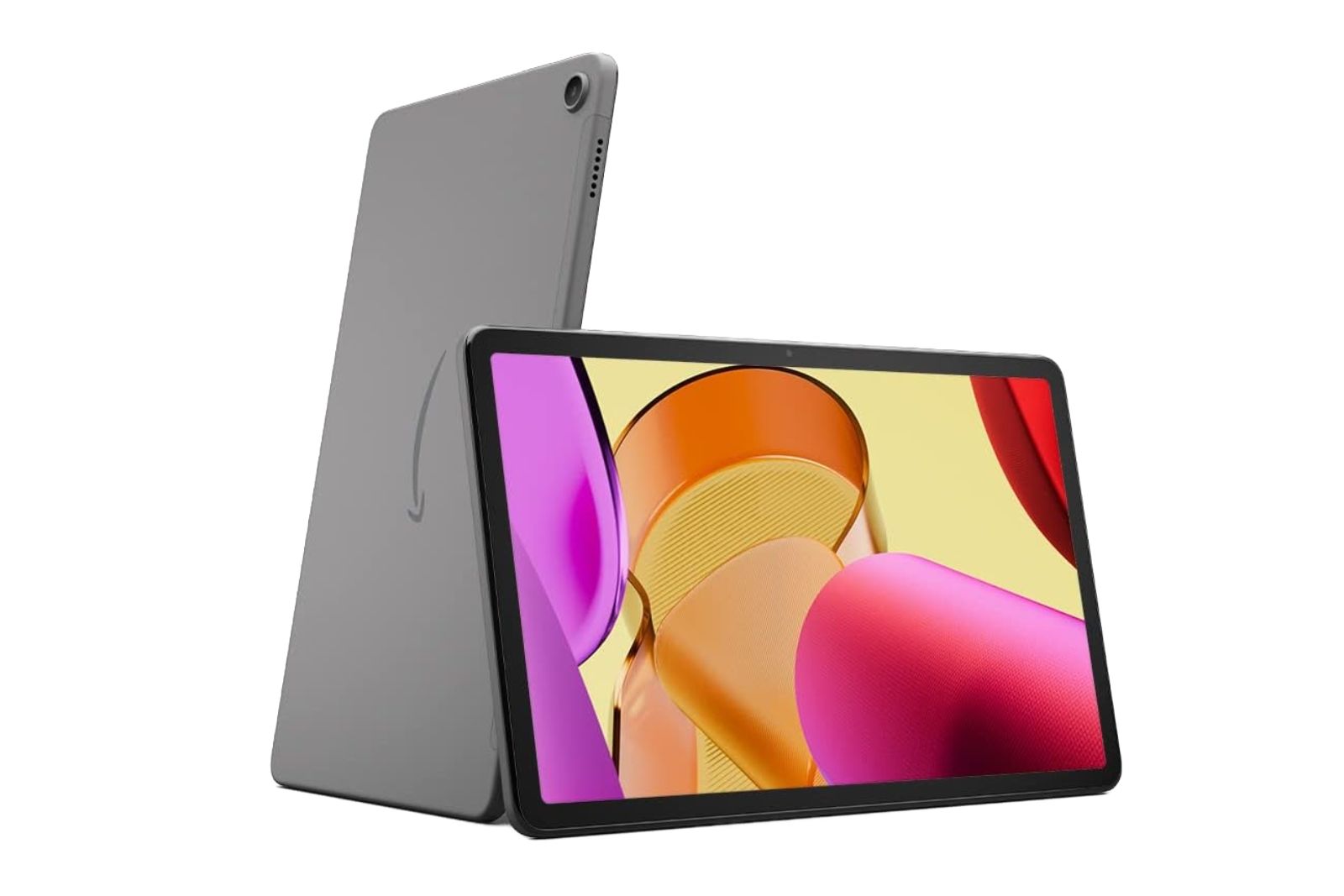 A large grey tablet leaning against another tablet with it's screen facing the camera.