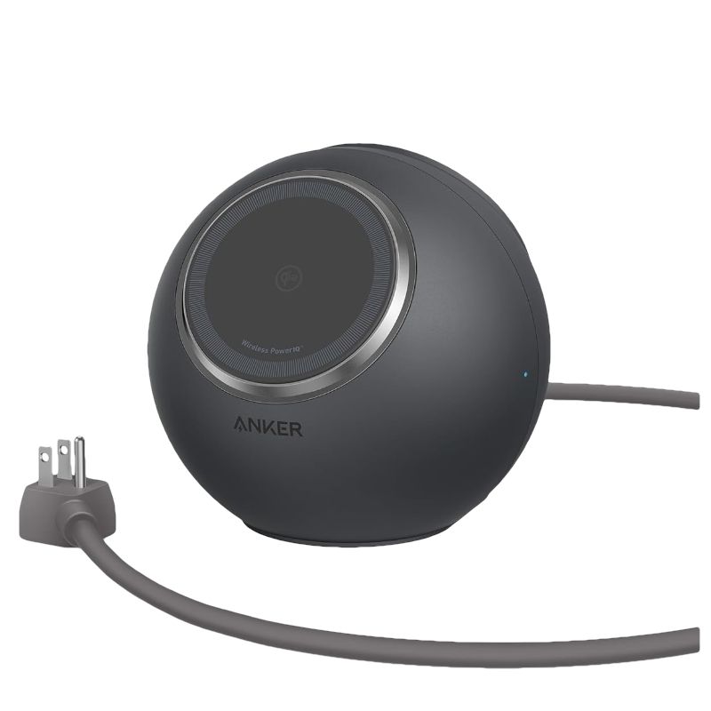 A round, orb-shaped charger with a power cable coming out of the back.